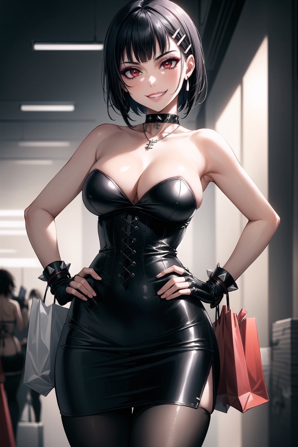 ((best quality)),  ((highly detailed)),  masterpiece,  ((official art)),  detailed face,  beautiful face,  (detailed eyes,  deep eyes),((extended_arm, presenting_gift, shopping_bag, gift_giving, front_view, gesture)),(science fiction, cyberpunk:1.2, street, shopping, dark background),((smirk, grin, naughty face, seductive smile, smug, arm behind head, hand_on_own_hip, head_tilt)),, ,cowboy shot,(lips), ,kirigaya suguha, blunt bangs, short bangs, black hair:1.3, short hair, hair ornament, hairclip,(red eyes),  cross-laced clothes, (spiked bracelet), necklace, corset, hoop earring, curvaceous, voluptuous body, (makeup:1.3) (lips:1.3), (latex),  (black strapless:1.2), gloves, fingerless gloves, skirt, black choker, belt, pencil skirt, pantyhose, miniskirt, (black skirt), black gloves, black legwear, black choker, medium breast, conspicuous elegance, snobby, upper class elitist, possesses an arroaant charm. her Dresence commands attention and enw, (intricately detailed, hyperdetailed), blurry background, depth of field, best quality, masterpiece, intricate details, tonemapping, sharp focus, hyper detailed, trending on Artstation, 1 girl, solo, high res, official art