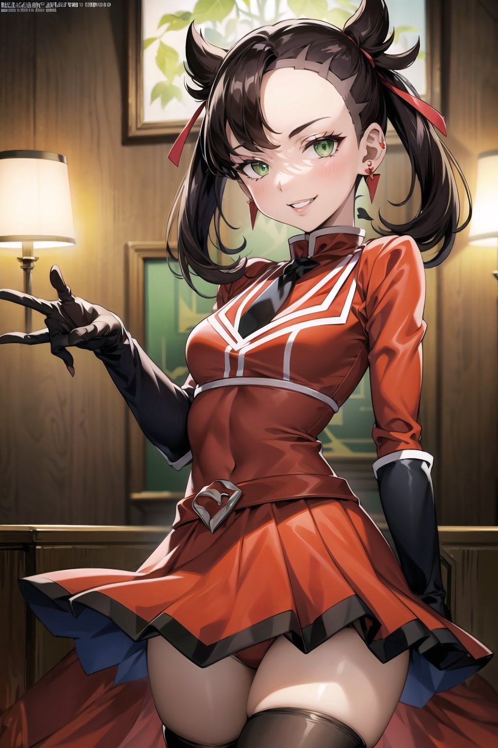 (best quality), (highly detailed), masterpiece, (official art),marnie, asymmetrical bangs, solo, twintails, ribbon, hair ribbon, jewelry, red ribbon, earrings, medium hair, green eyes, (team flare:1.2), gloves,juliet_sleeves, long_sleeves , pleated skirt, thighhighs, thigh boots, dress, belt, red dress, pantyhose, (lips), grin, smirk, (seductive pose), cowboy shot, looking at viewer, indoors, blurry background,depth of field, best quality, masterpiece, intricate details, tonemapping, sharp focus, hyper detailed, trending on Artstation,