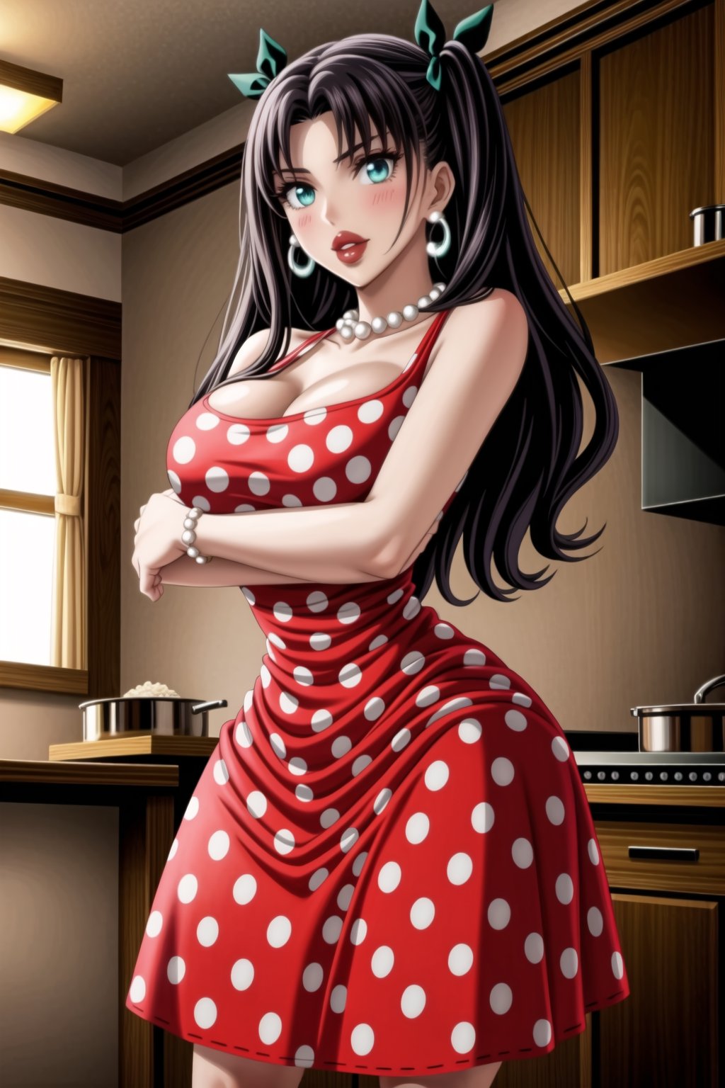 ((best quality)),  ((highly detailed)),  masterpiece,1girl, 1girl,  seductive smile, solo,   (Stepford),lips, makeup, lipstick,red lips, (pose),(polka dot:1.4), (polka dot dress:1.4),(pearl necklace:1.2), pearl bracelet, bare shoulders,(red dress:1.2),aroused, blush ,standing,  (large pearl necklace), (hoop earrings:1.2), looking at viewer, standing, cowboy shot, kitchen, cooking, indoors, house, windows, cortain, food,rin tohsaka, aqua eyes, black hair, hair ribbon, long hair, ribbon, sidelocks, two side up, (parted bangs:1.2),b1mb0,<lora:659111690174031528:1.0>