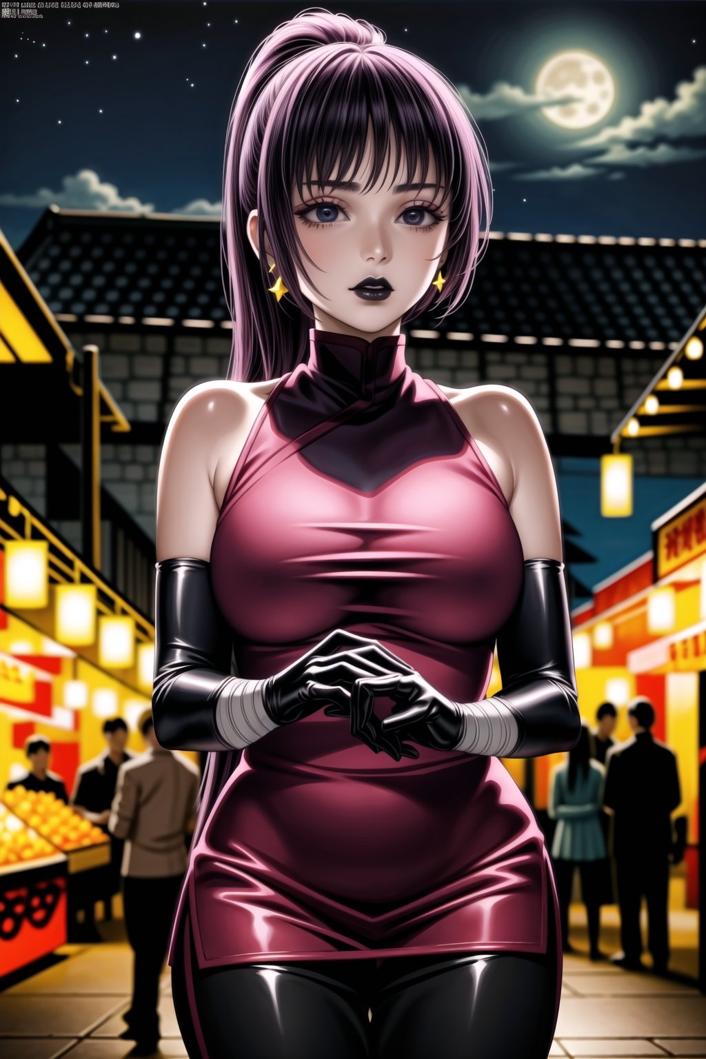 ((best quality)),  ((highly detailed)),  masterpiece,  ((official art)),  detailed face,  beautiful face, (black lips:1.4), (lips)  (detailed eyes,  deep eyes),(market, outdoor, lamp, chinese market. food, food market, people background, nigth, moon, space, star) ,cowboy shot, ,high society,  expressionless, parted_lips, sumire kakei, (blonde hair:1.3, long ponytail:1.2, long sidelocks:1.3, hoop earring, multicolored hair) , (lips),(makeup:1.4), nail polish, bare shoulders,(pink dress:1.2, latex:1.2), ((((ninja, elbow gloves, bandages, black pants)))),curvaceous,  voluptuous body, (large breast:1.2),  (intricately detailed, hyperdetailed), blurry background, depth of field, best quality, masterpiece, intricate details, tonemapping, sharp focus, hyper detailed, trending on Artstation, 1 girl, solo, high res, official art,StandingAtAttention,,<lora:659111690174031528:1.0>