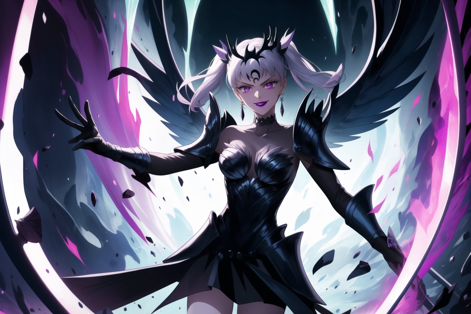 Here is a high-quality prompt for generating an image:

Official art masterpiece by noelle_silva,silver hair,twintails,bangs,purple eyes, Dark Thunder, aged up, poses confidently with silver hair flowing in the darkness. Her evil smile spreads across lips painted with bold lipstick, as she summons dark electricity to attack her foe. She wears retro-inspired armor, gloves, and jewelry, including black crystal earrings and a choker. A crescent-shaped facial mark glows ominously on her forehead. In the background, a subtle hint of a black moon casts an eerie shadow, further emphasizing her malevolent aura. Armor, wings, Holdibg a Dark Sword while charge a energy attack,