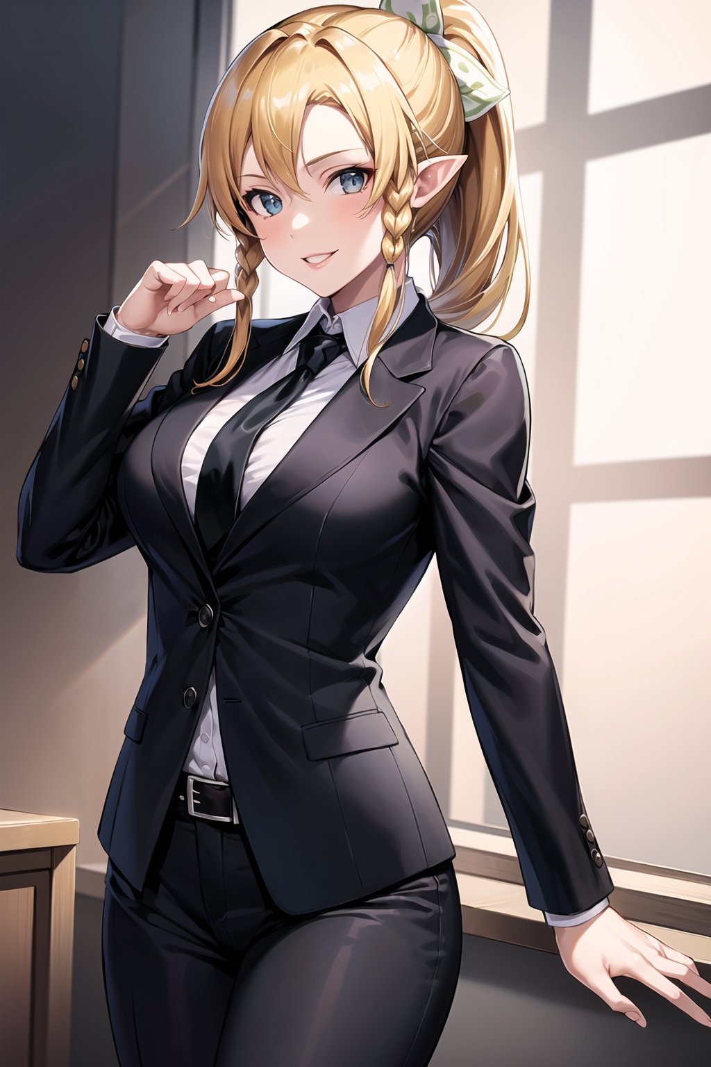 (best quality), (highly detailed), masterpiece, (official art), leafa, pointy ears, long hair, ponytail, braid, blonde hair,, lips, smile, necktie,pose,  black jacket,(black suit), open suit,  open jacket,long sleeves, shirt tucked in,looking at viewer, shirt, black necktie, white shirt, medium breasts,window, formal, office lady,pants, black pants, black belt, business suit, suit,  (intricately detailed, hyperdetailed), blurry background,depth of field, best quality, masterpiece, intricate details, tonemapping, sharp focus, hyper detailed, trending on Artstation,1 girl, solo,high res,official art