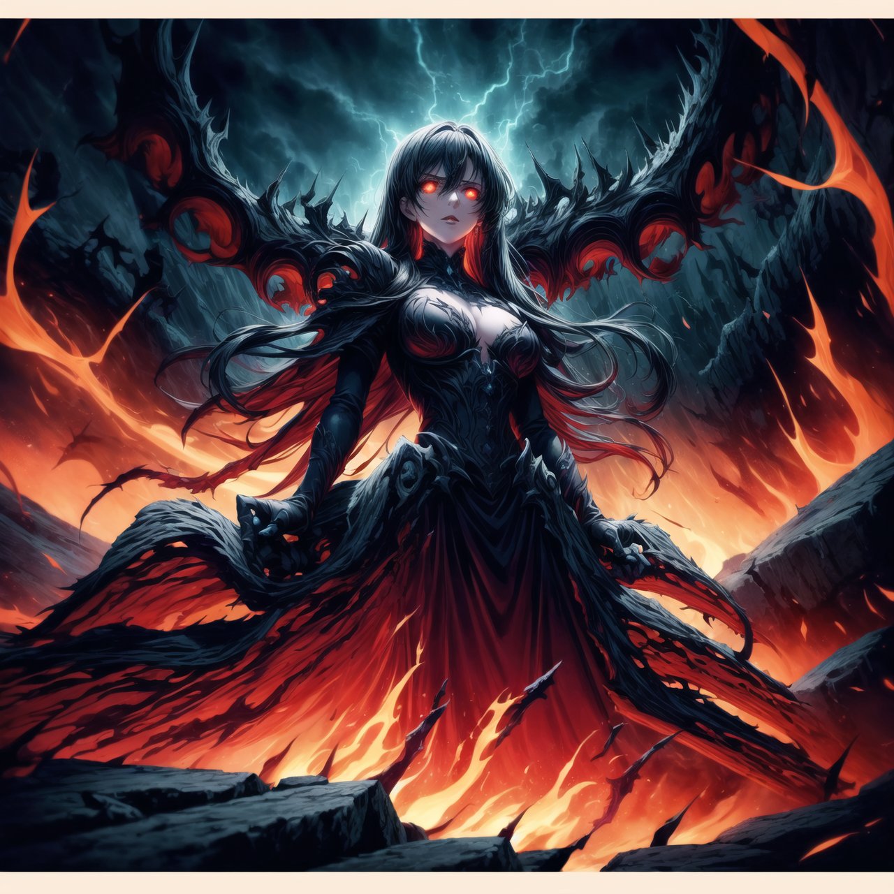 Elizabeth, black hair, lips, ruler of hell, stands as a malevolent dictator, her long hair flowing like darkness itself, gradient from white to dark, framing her cold gaze. Her elaborate gown, adorned with sinister symbols and glowing red accents, reflects her dominance and cruelty. The background features a hellish landscape: rivers of lava, jagged rocks, tormented souls, and dark clouds with lightning. Eerie, red and black glows illuminate the scene, capturing the dark and oppressive atmosphere of her dominion.