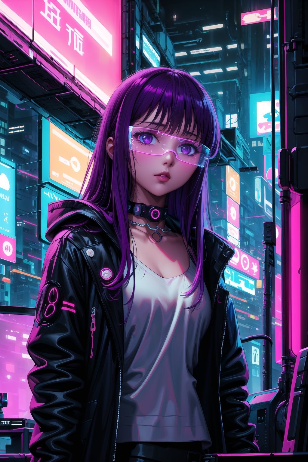 masterpiece,best quality,highres,ultra-detailed,purple hair, long hair, Saori, hacker, computer, monitor, wive, cable, cyberpunk, indoors, neon nigth, Cyborg, chip, cyberpunk, collar, jacket,((cyberpunk glasses))