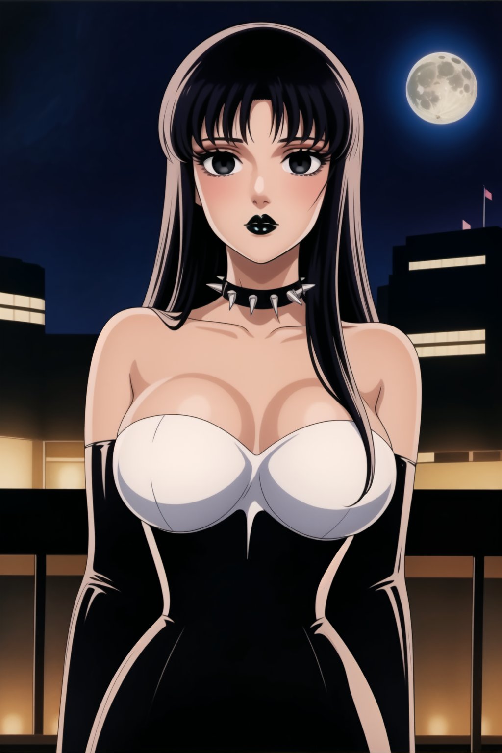 ((best quality)),  ((highly detailed)),  masterpiece,  ((official art)),(Saori Kido, Saori, long hair, black hair:1.3),((black eyes, empty eyes,expressionless,hypnosis)),(((white skin))) ,((makeup,lipstick, black lips:1.2)),absurdres, (spiked collar:1.2),  coyboy shot:1.3, thighhighs, lips,  blush,  (black latex:1.3),  black dress:1.2,  miniskirt  ((bodyconf)),  bare shoulders,  (( strapless)),  large breast,  looking at viewer,  street,  city,  nigth,  moon,  club,  (nigth club),  , hd quality,  perfect face , realistic,  realistic body,  perfect face sync,  , b1mb0,,,black lips