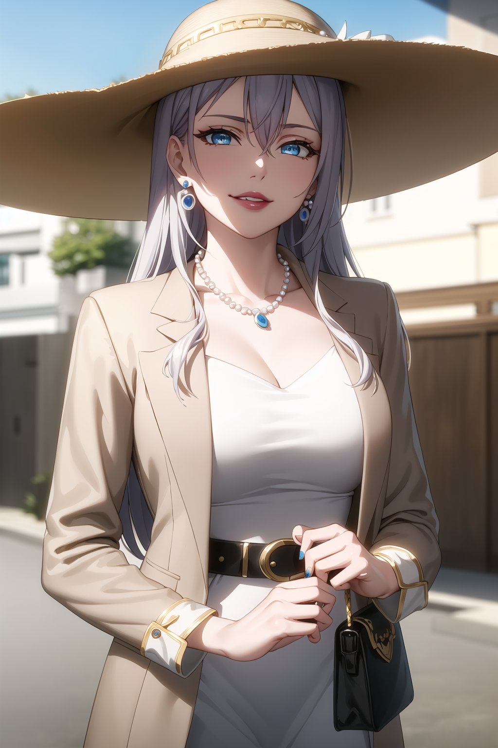 (best quality), (highly detailed), masterpiece, (official art), alya, gray hair, long hair,blue eyes, hair between eyes, lips, lipstick, smile, grin, smirk, makeup:1.3, from above,:1.2, (lips:1.2), parted_lips, blue earrings:1.3,jewelery:1.3, circlet:1.2, ((long sleeves,  dress, ribbon, closed mouth, collarbone, jacket,  belt, white dress,  white headwear, blue suit:1.2, pearl necklace:1.3, cropped suit, holding, holding bag, sun hat, v arms:1.3)), looking at viewer, china, asiática, city, night, sky,  (intricately detailed, hyperdetailed), blurry background,depth of field, best quality, masterpiece, intricate details, tonemapping, sharp focus, hyper detailed, trending on Artstation,1 girl, high res, official art,StandingAtAttention,bestiality,