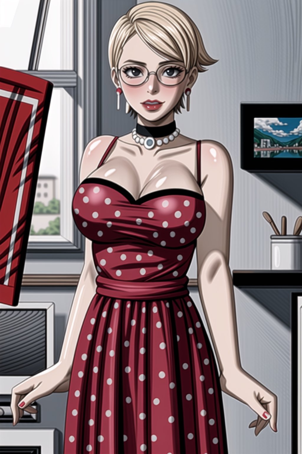 (best quality), (highly detailed), masterpiece, (official art),(sarada, black eyes, jewelry, earrings , choker, glasses, swept bangs),(Stepford),lips, makeup, lipstick,red lips,smile, (pose),(polka dot:1.4), (polka dot dress:1.4),(pearl necklace:1.2), pearl bracelet, bare shoulders,(red dress:1.2),(aroused), nose blush ,standing, big breasts, (large pearl necklace), (hoop earrings:1.2), looking at viewer, window, indoors, scenery, intricately detailed, hyperdetailed, blurry background, depth of field, best quality, masterpiece, intricate details, tonemapping, sharp focus, hyper detailed, trending on Artstation, 1 girl, high res, official art,,<lora:659111690174031528:1.0>