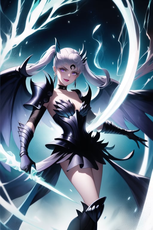 Here is a high-quality prompt for generating an image:

Official art masterpiece by noelle_silva,silver hair,twintails,bangs,purple eyes, Dark Thunder, aged up, poses confidently with silver hair flowing in the darkness. Her evil smile spreads across lips painted with bold lipstick, as she summons dark electricity to attack her foe. She wears retro-inspired armor, gloves, and jewelry, including black crystal earrings and a choker. A crescent-shaped facial mark glows ominously on her forehead. In the background, a subtle hint of a black moon casts an eerie shadow, further emphasizing her malevolent aura. Armor, wings, Holdibg a Dark Sword while charge a energy attack,