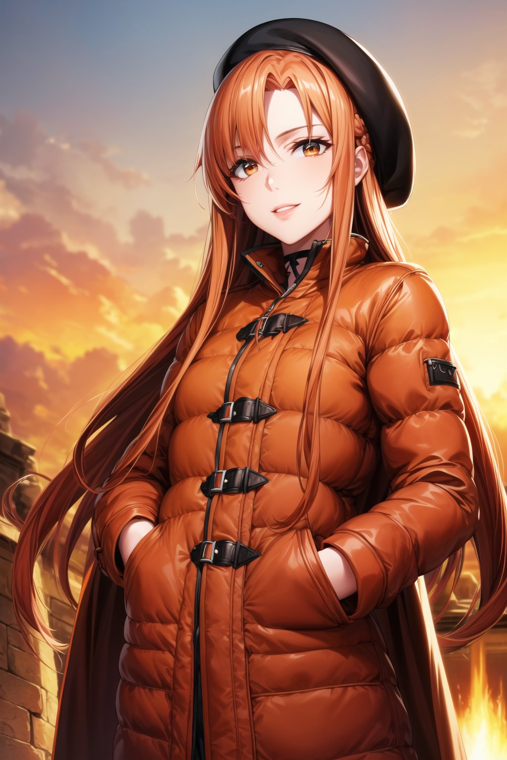 ((best quality)), ((highly detailed)), masterpiece, ((official art)), detailed face, beautiful face, (detailed eyes, deep eyes), seductive posing, (cowboy shot),asuna yuuki, long hair, brown eyes, orange hair, red hair,  smile, black coat black hat beret hands in pocket