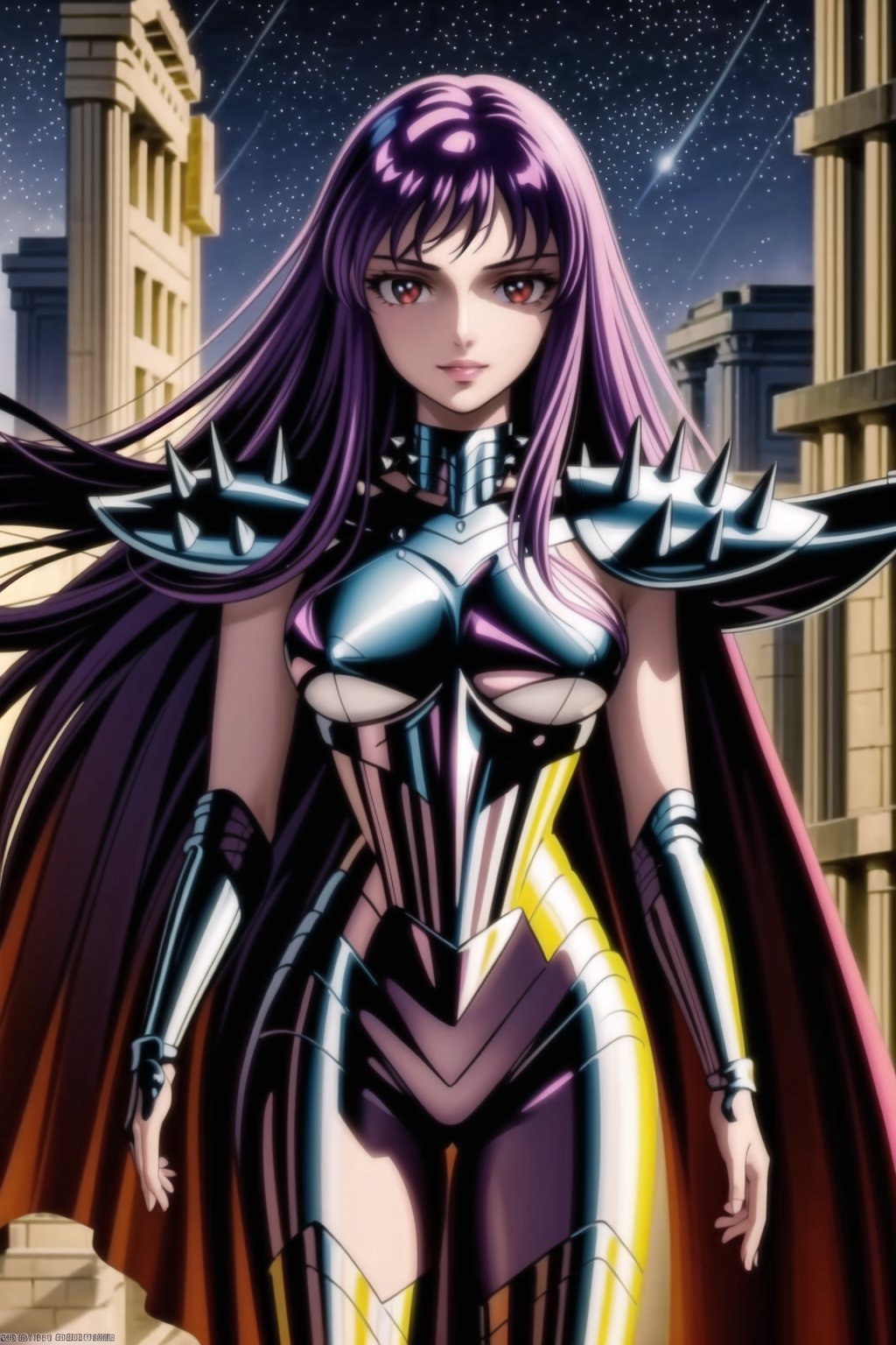 (best quality), (highly detailed), masterpiece, (official art), Saori, long hair, ((purple hair)), ((red eyes)), lips, (( evil smile)),((( black cape, nigth))),  ((latex, black armor, bodysuit, shoulder armor, spikes, pauldrons, black bodysuit )), outdoors, temple, (intricately detailed, hyperdetailed), blurry background,depth of field, best quality, masterpiece, intricate details, tonemapping, sharp focus, hyper detailed, trending on Artstation,1 girl, solo,high res,official art,<lora:659111690174031528:1.0>