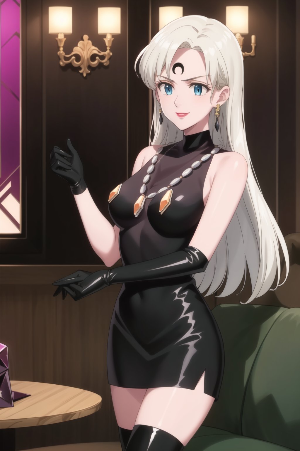 (best quality), (highly detailed), masterpiece, (official art),elizabeth, long hair, blue eyes, white hair, blunt bangs, single earring,, lips, smile, lipstick, makeup, evil smile,
((Forehead mark, crescent facial mark, black crystal earrings, jewelry)).  Dark  dress, black latex, black sleeveless dress, turtleneck_dress, short dress, elbow gloves, green gloves, thighhighs, large necklace, ((gemstone necklace:1.2)), standing,
Modern luxury lounge with dim lighting, featuring sleek black leather sofas, glass tables, and soft ambient lighting from wall sconces. A large window in the background reveals a city skyline at night, adding a touch of sophistication to the scene