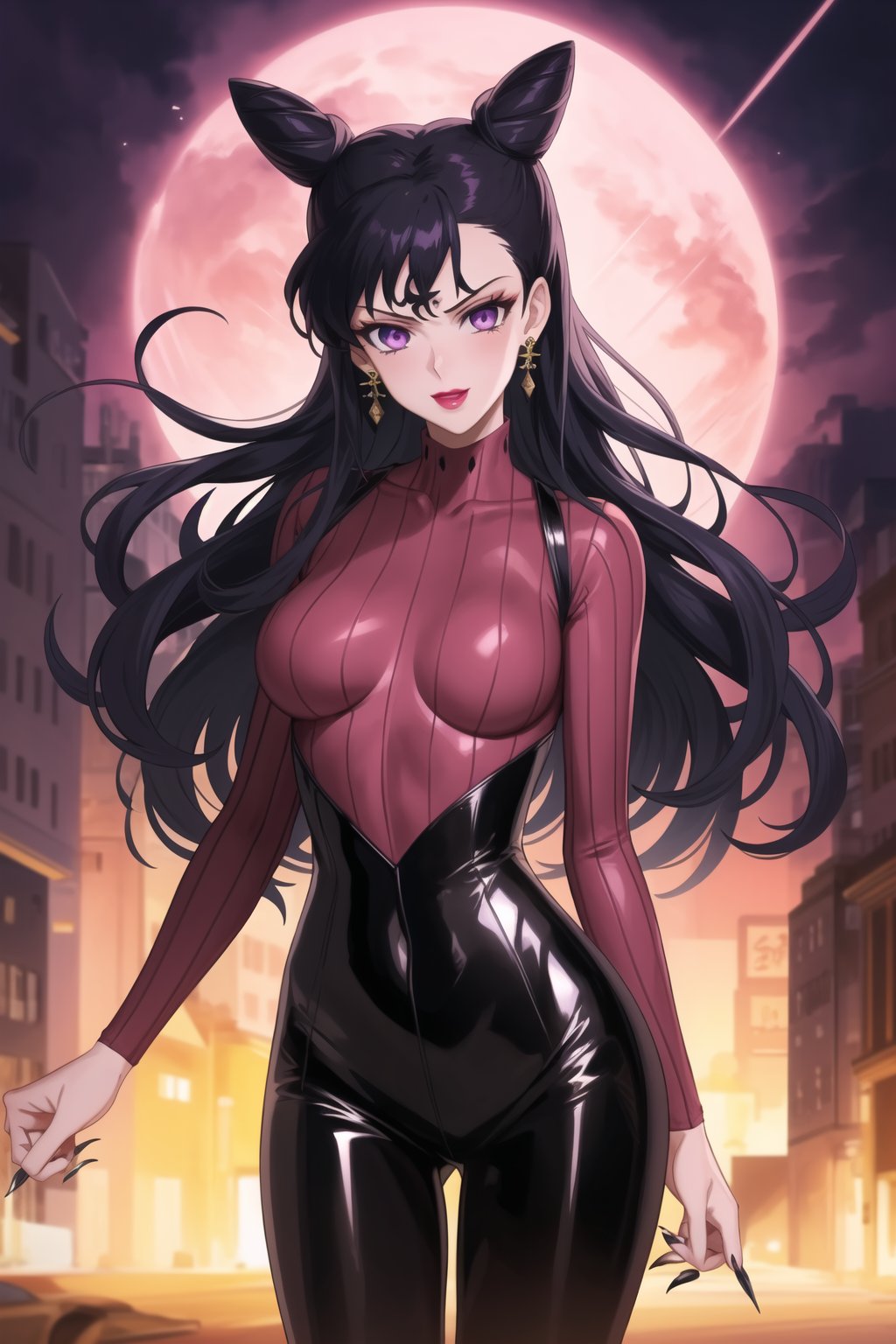 (best quality), (highly detailed), masterpiece, (official art), 1girl, solo, long hair, looking at viewer, black hair, jewelry, purple eyes, earrings, hair bun, fingernails, double bun, bodysuit, makeup, lipstick, crescent, , cone hair bun, pink bodysuit, crescent facial mark, crystal earrings, sweater