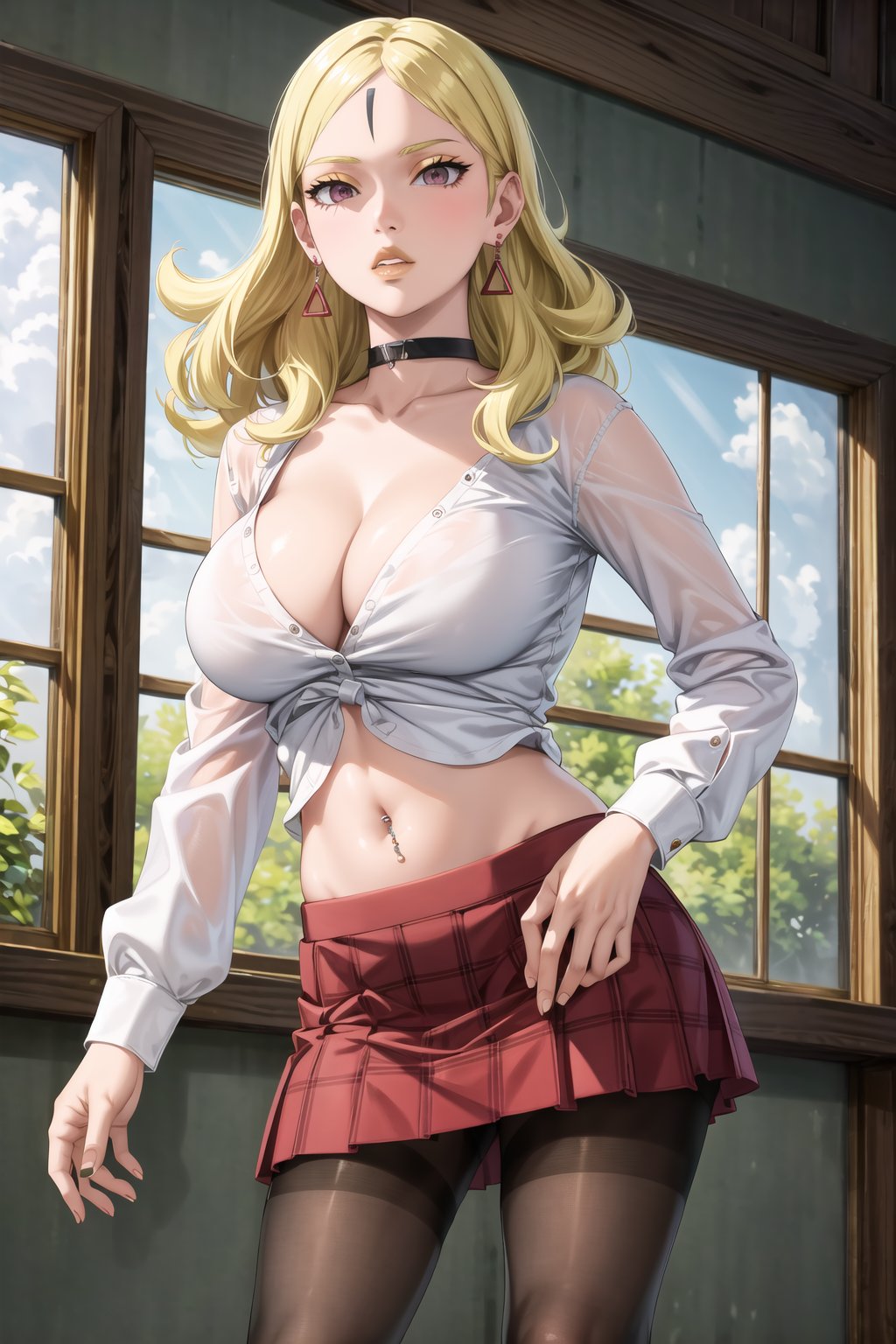 masterpiece,best quality,highres,ultra-detailed, Delta, blonde hair, earrings,, white shirt, skirt, large breasts, navel, cleavage, pantyhose,  choker, midriff, miniskirt, lips, plaid, red plaid skirt, piercing, fishnets,  fishnet pantyhose, white tied shirt:1.2, navel piercing, , standing, StandingAtAttention