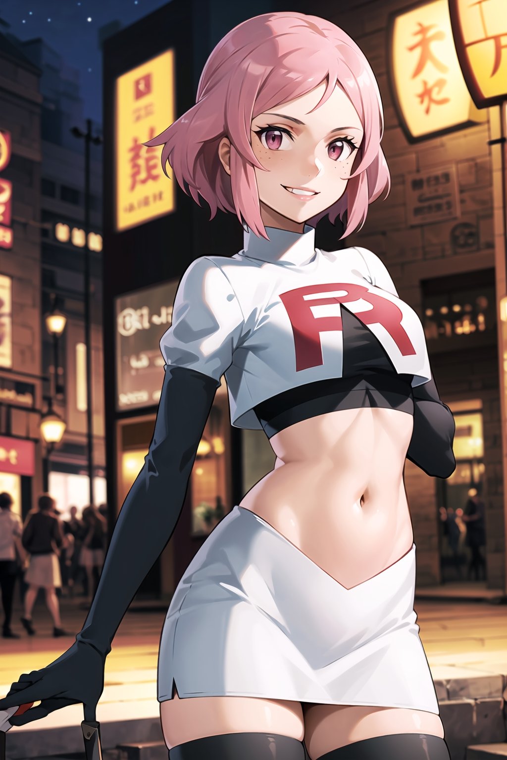 (best quality), (highly detailed), masterpiece, (official art), lisbeth, pink hair, hairclip, freckles, pink eyes, posing, lips, ( evil smile), , Team Rocket, cropped jacket, white jacket, crop top, jacket, gloves, black gloves, elbow gloves, navel, midriff, white skirt, miniskirt, skirt, thighhighs,, looking at viewer, china, asiática, city, night, sky, (intricately detailed, hyperdetailed), blurry background,depth of field, best quality, masterpiece, intricate details, tonemapping, sharp focus, hyper detailed, trending on Artstation,1 girl, high res, official art