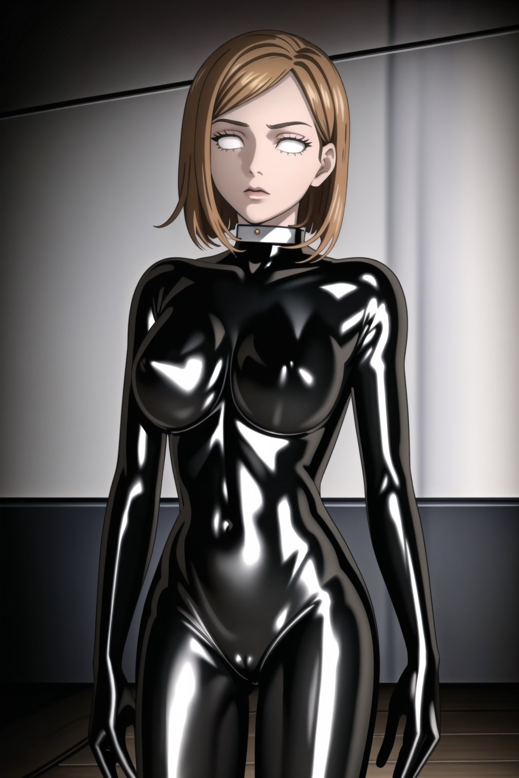 (best quality), (highly detailed), masterpiece, (official art), makeup, , nobara kugisaki, orange hair, brown hair,closed mouth,(graybot:1.2), black bodysuit, (shiny body:1.2), (shiny clothes),latex bodysuit, large breast, looking at viewer,  ,graybot,(whiteeyes),((black background, simple background)),StandingAtAttention,,<lora:659111690174031528:1.0>