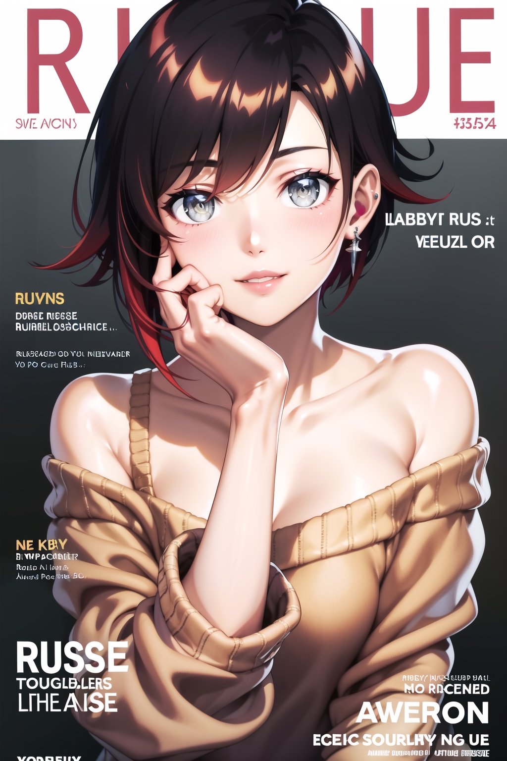 masterpiece, best quality, highres, ((ruby rose)),magazine cover, 1girl, looking at viewer, smile,long sleeves, jewelry, upper body, earrings, parted lips, off shoulder, character name, sweater, english text, lips, hand on own face, off-shoulder sweater, yellow sweate