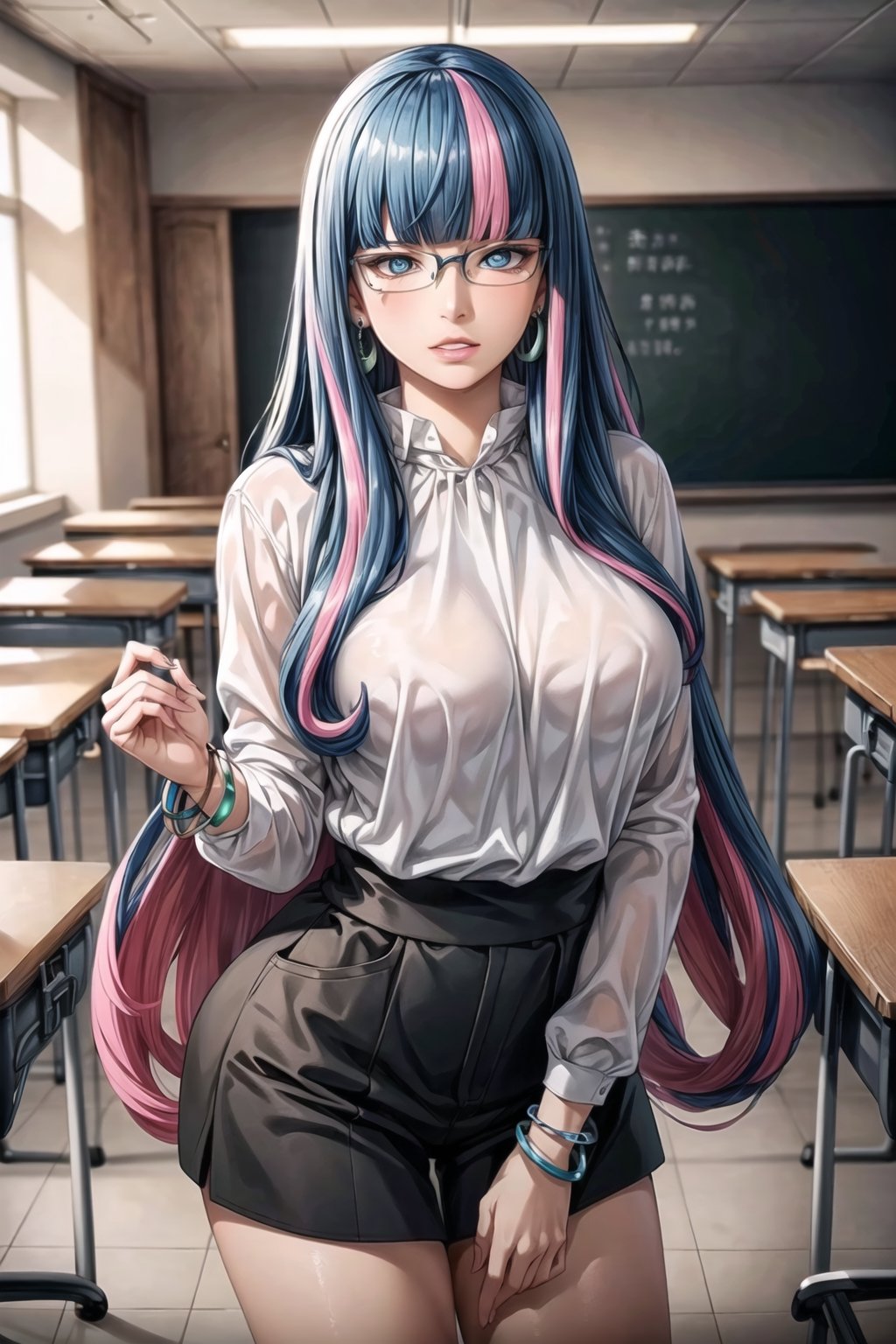 ((best quality)),  ((highly detailed)),  masterpiece,  ((official art)), (eida, long hair, bangs, blue eyes, very long hair, blue hair, pink hair, multicolored hair, earrings, blunt bangs, two-tone hair, streaked hair, ,glasses),lips,  figure, ,(office), suit blazer, no shirt underneath,  in a classroom building, bracelet, parted lips,  indoors, intricately detailed, hyperdetailed, blurry background, depth of field, best quality, masterpiece, intricate details, tonemapping, sharp focus, hyper detailed, trending on Artstation, 1 girl, high res, official art