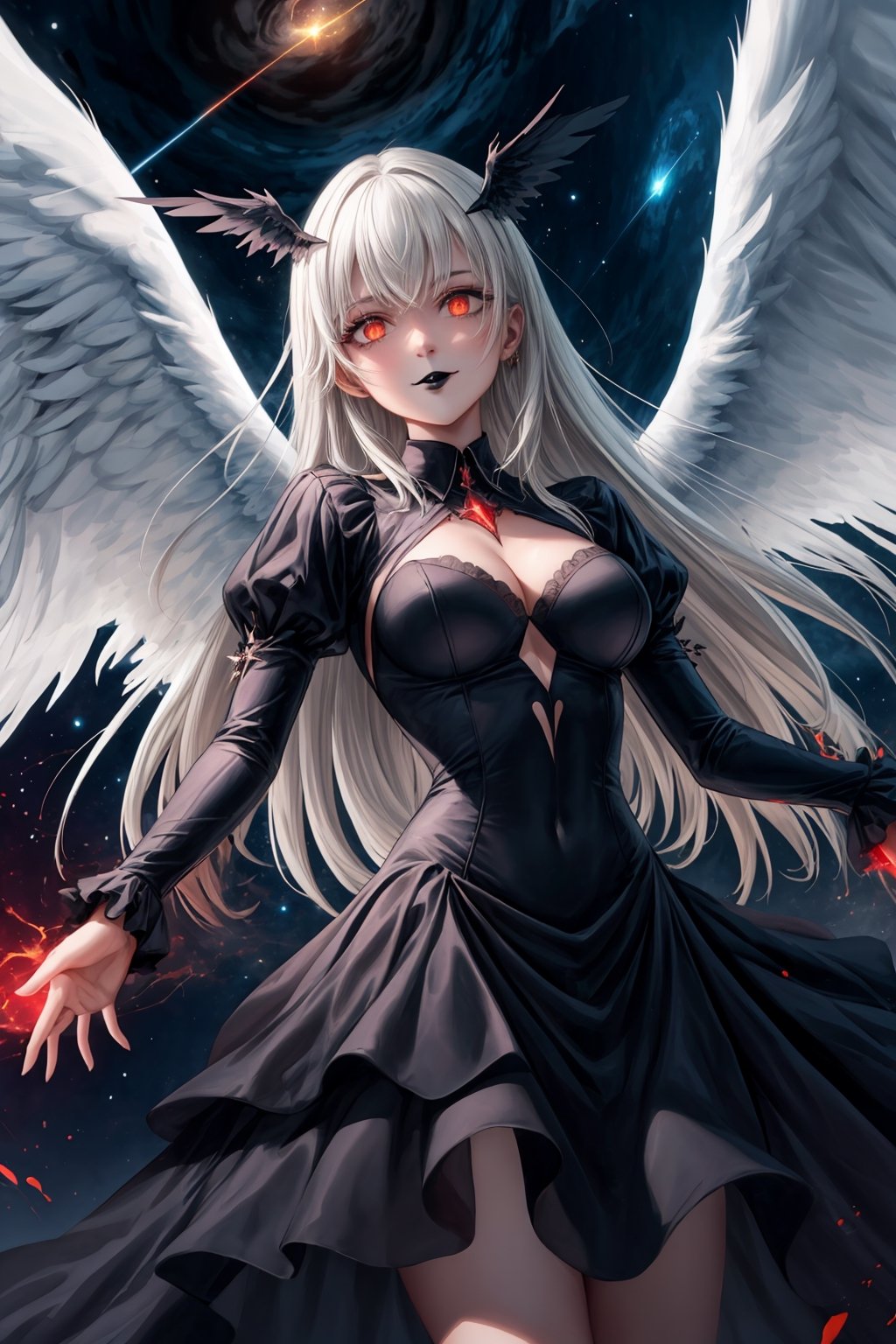 masterpiece, best quality, absurdres, 4k, 8k, uhd create fallen archangel,detailed angel wins, bloodlust, (dutch angle), hell. fire, (black wings),black dress, elizabeth, red glowy eyes, eerie, creepy, nightmarish, very bright colors, light particles, wallpaper art, ((cosmic energy)),high detailed ,evil smile, white hair, ((black lips))