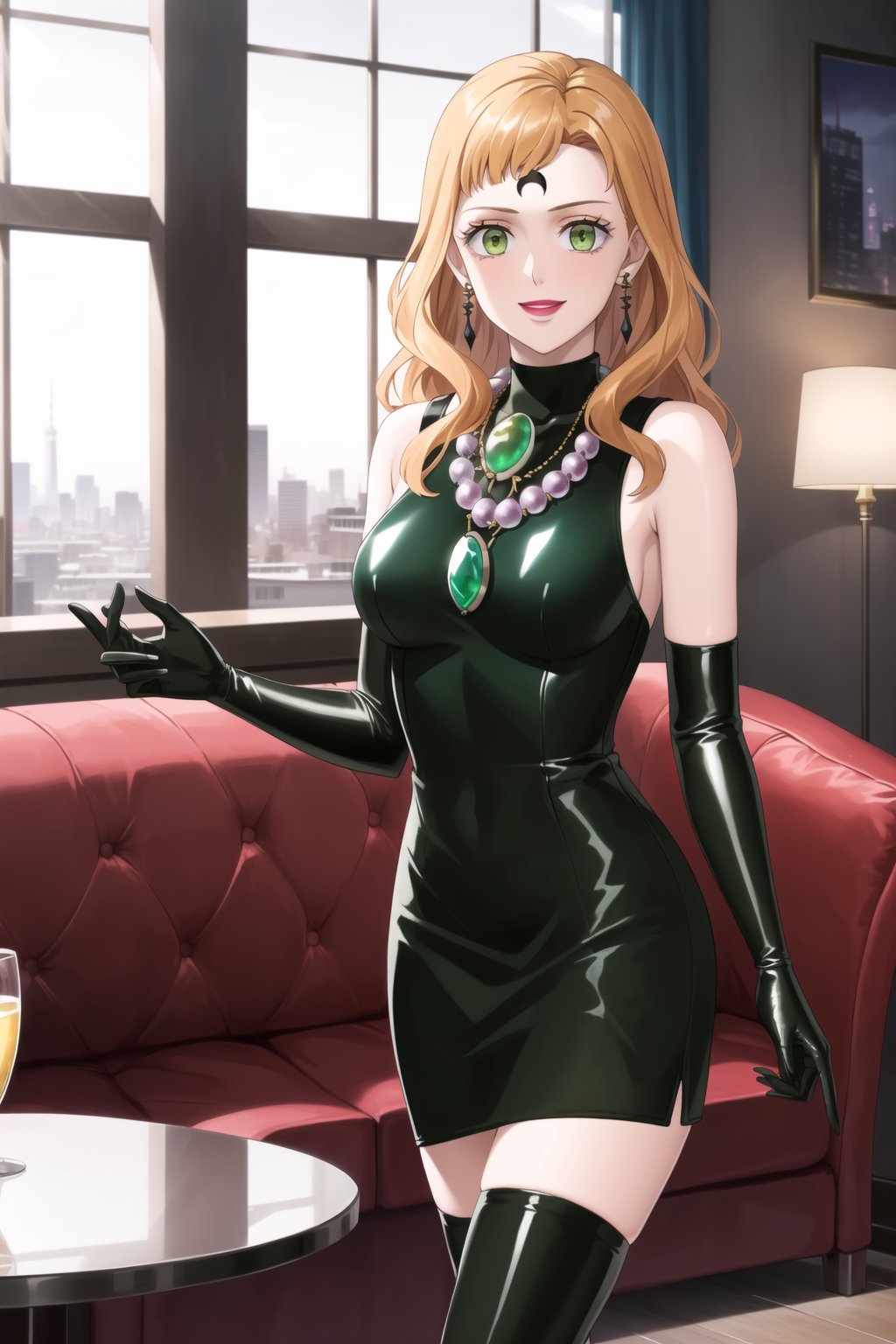 (best quality), (highly detailed), masterpiece, (official art),mimosa vermillion, orange hair, green eyes,, lips, smile, lipstick, makeup, evil smile,
((Forehead mark, crescent facial mark, black crystal earrings, jewelry)).  Dark  dress, black latex, black sleeveless dress, turtleneck_dress, short dress, elbow gloves, green gloves, thighhighs, large necklace, ((gemstone necklace:1.2)), standing,
Modern luxury lounge with dim lighting, featuring sleek black leather sofas, glass tables, and soft ambient lighting from wall sconces. A large window in the background reveals a city skyline at night, adding a touch of sophistication to the scene,