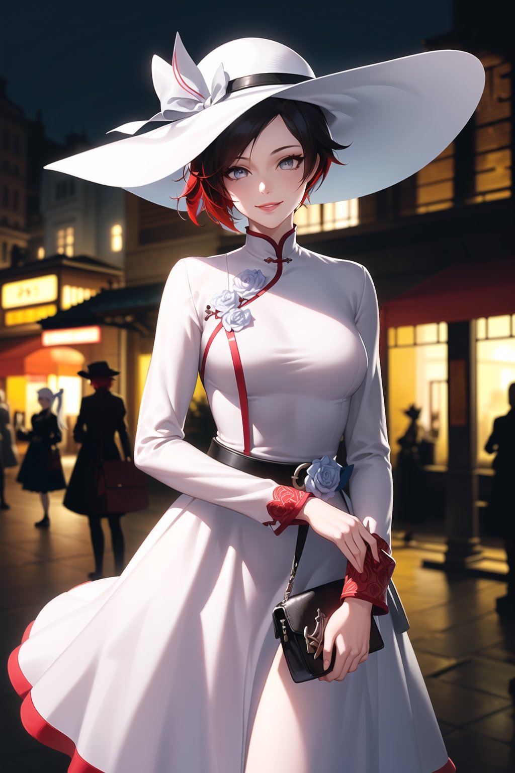 (best quality), (highly detailed), masterpiece, (official art), ,(ruby rose:1.2), lips, lips, (( hat,sun hat, dress,  blue ribbon, hat ribbon, bag, belt, white dress, white headwear, ribbon, handbag, long sleeves, standing, white legwear, holding,  smile, holding bag, long skirt, v arms)), looking at viewer, china, asiática, city, night, sky,  (intricately detailed, hyperdetailed), blurry background,depth of field, best quality, masterpiece, intricate details, tonemapping, sharp focus, hyper detailed, trending on Artstation,1 girl, high res, official art,StandingAtAttention,bestiality,Weiss_RWBY