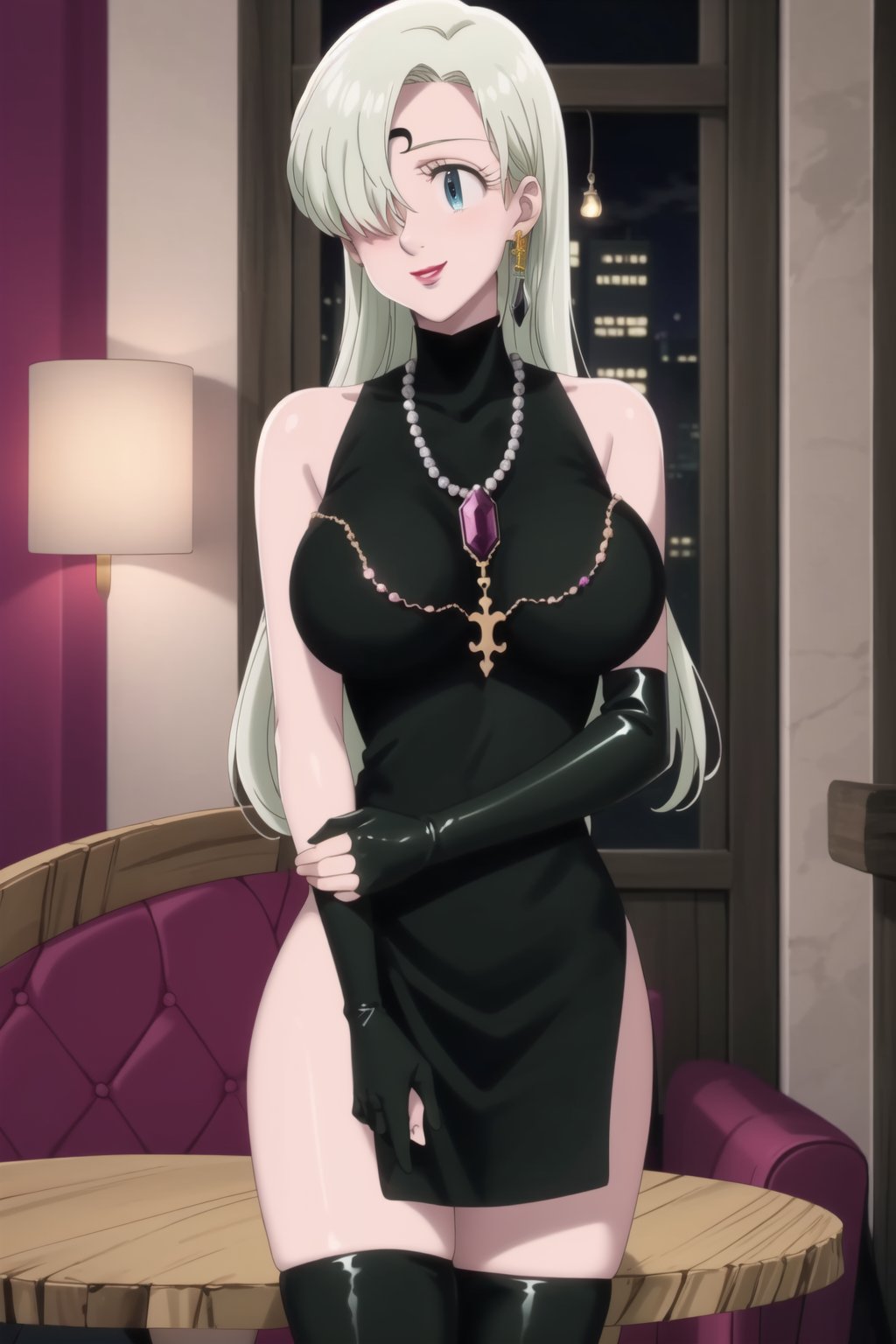 (best quality), (highly detailed), masterpiece, (official art),elizabeth, long hair, blue eyes, white hair, hair over one eye, single earring,, lips, smile, lipstick, makeup,
((Forehead mark, crescent facial mark, black crystal earrings, jewelry)).  Dark  dress, black latex, black sleeveless dress, turtleneck_dress, short dress, elbow gloves, green gloves, thighhighs, large necklace, ((gemstone necklace:1.2)), standing,
Modern luxury lounge with dim lighting, featuring sleek black leather sofas, glass tables, and soft ambient lighting from wall sconces. A large window in the background reveals a city skyline at night, adding a touch of sophistication to the scene