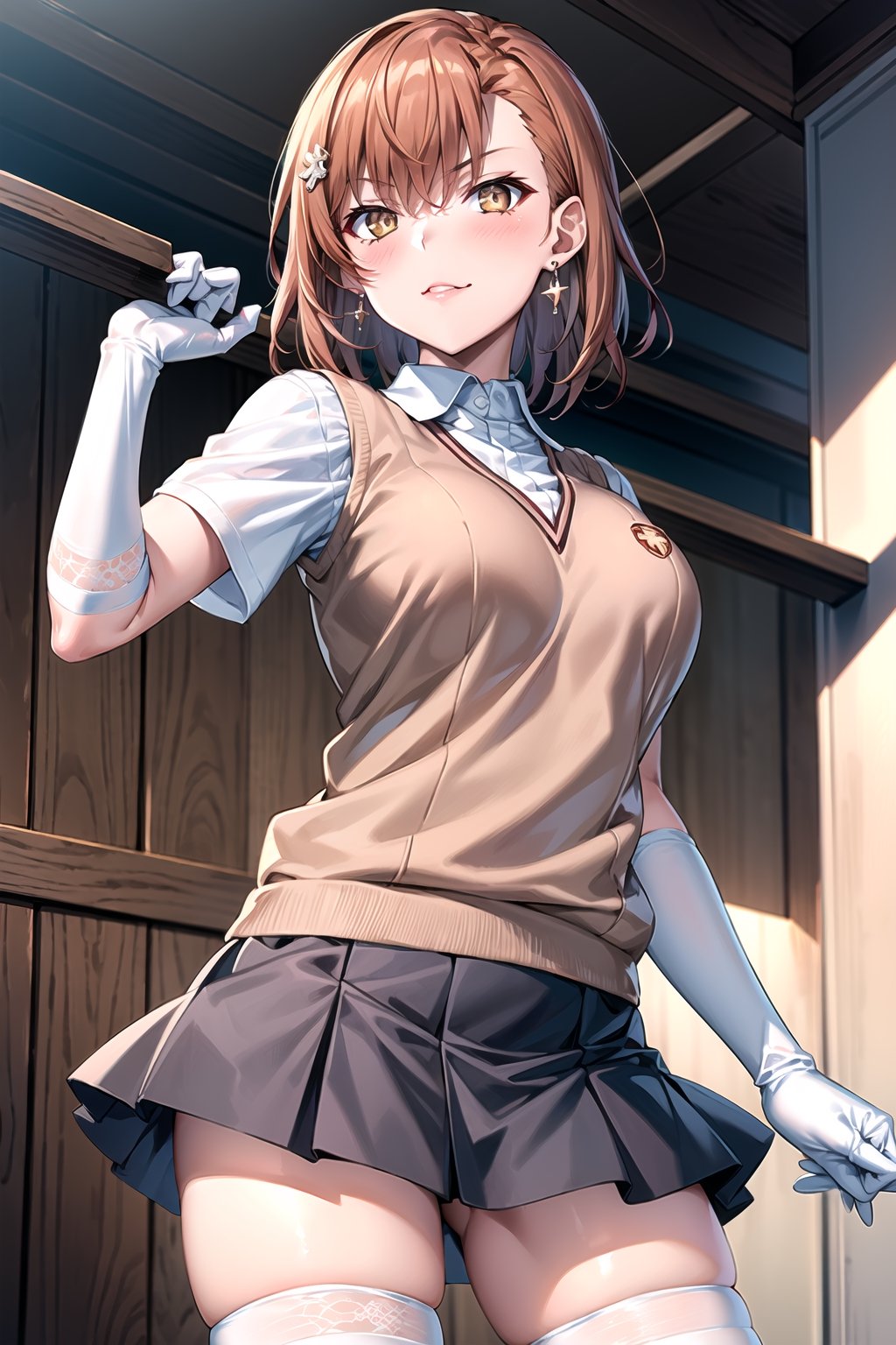 ((best quality)),  ((highly detailed)),  masterpiece,1girl, ((closed_mouth, sparkling_eyes, smug, shaded_face)),(large breasts), tokiwadai school uniform, sweater vest, short sleeves, (](white gloves, elbow gloves)), pleated skirt, white thighhighs ,1girl, lips:1.2, makeup:1.2, ((gyaru)) ,jewelry, blush, earrings, looking at viewer, standing, cowboy shot, red hair, school, short hair, aamikoto ,hmmisaki,hypnoCollar,V-shaped eyebrows, 1girl