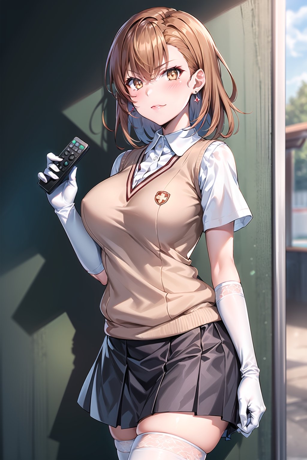 ((best quality)),  ((highly detailed)),  masterpiece,1girl, ((remote_control, aiming_at_viewer, closed_mouth, sparkling_eyes, smug, shaded_face)),(large breasts), tokiwadai school uniform, sweater vest, short sleeves, (](white gloves, elbow gloves)), pleated skirt, white thighhighs ,1girl, lips:1.2, makeup:1.2, ((gyaru)) ,jewelry, blush, earrings, looking at viewer, standing, cowboy shot, red hair, school, short hair, aamikoto ,hmmisaki,hypnoCollar,V-shaped eyebrows, 1girl