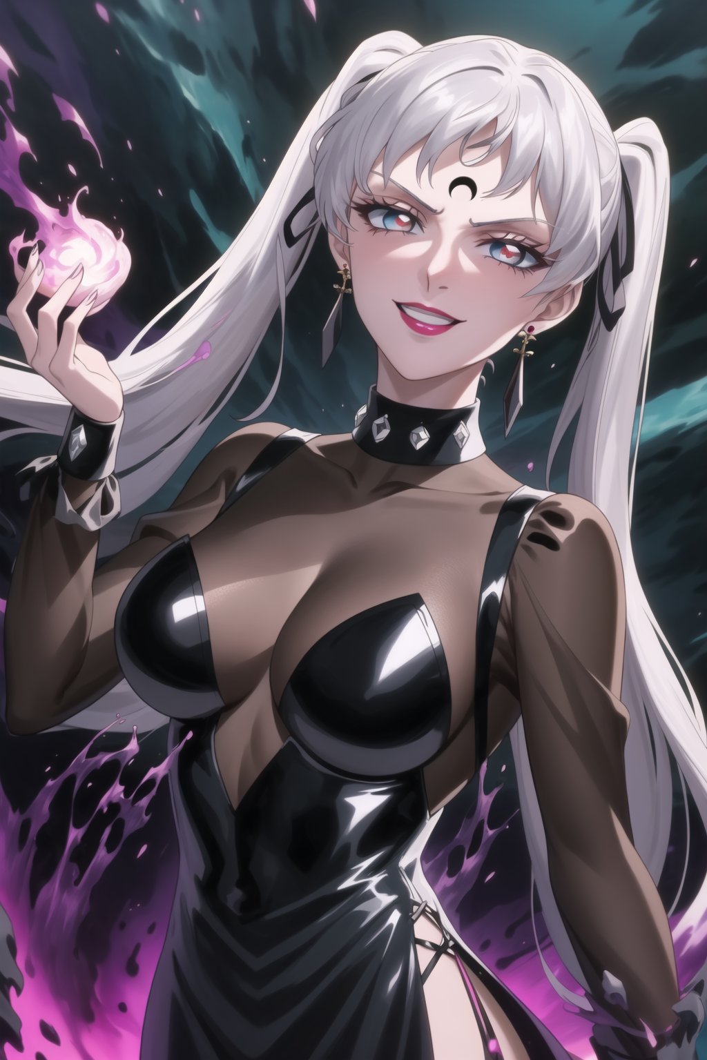 (best quality), (highly detailed), masterpiece, (official art), (noelle_silva,silver hair,twintails,bangs,jewelry), makeup, ((forehead mark, crescent facial mark, black crystal earrings)), aged up, evil smile, lips, lipstick, posing, anime coloring, ((black dress, long sleeves, see-through)), pink dress, side slit, A dark and mysterious female character inspired by the style of classic anime. She has an evil face with an evil smile, giving her an imposing and intimidating presence. The overall atmosphere is dark and mysterious, with a sense of power and control emanating from her posture.,