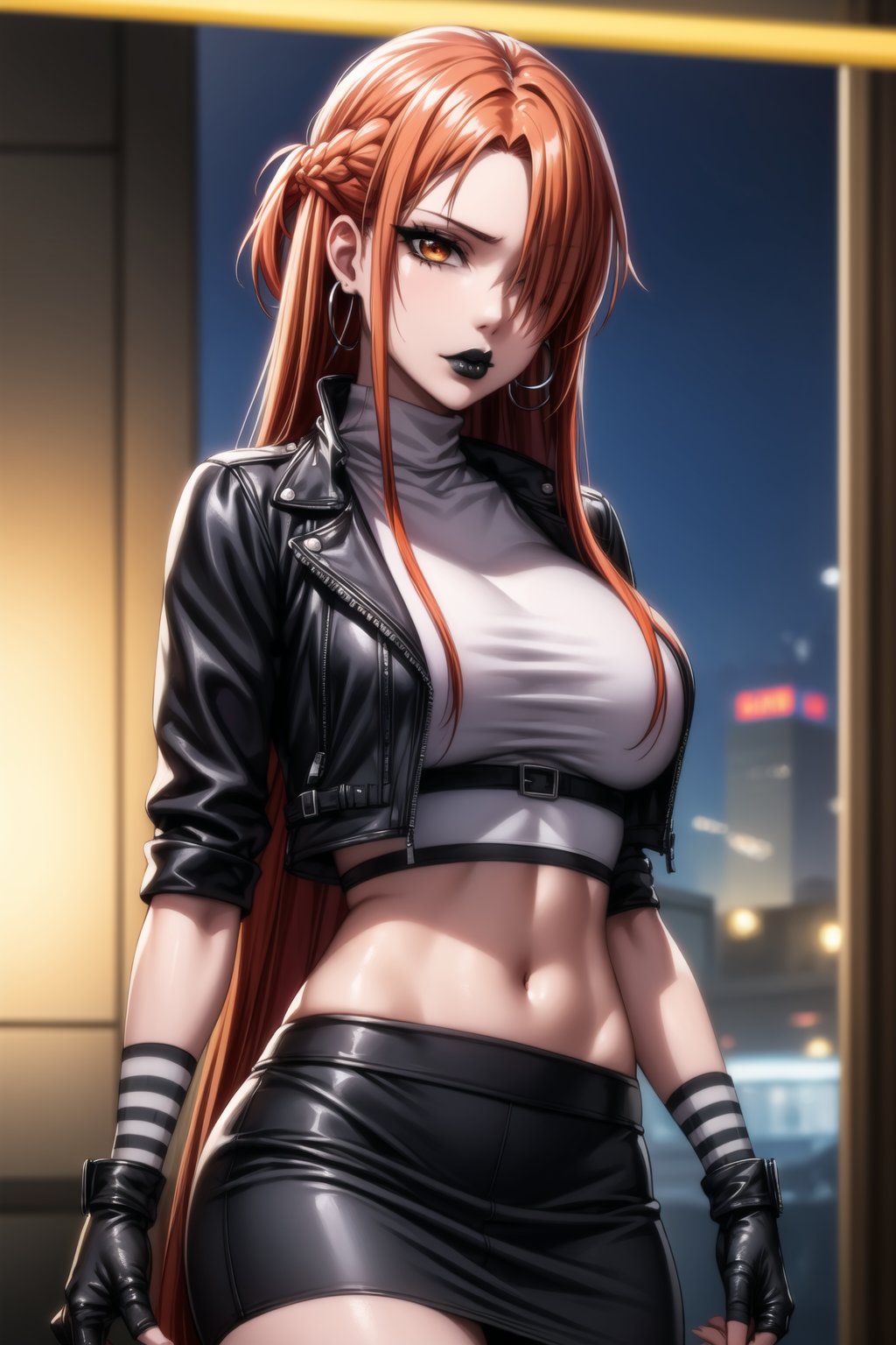 ((best quality)), ((highly detailed)), masterpiece, ((official art)), detailed face, beautiful face, (detailed eyes, deep eyes), seductive posing, (cowboy shot),aaasuna, long hair, brown hair,braid, brown eyes,  (sexy:1.3),  (long straight red hair, orange hair, long straight hair, hair covering one eye:1.3), (makeup, black lips:1.3),( pale white skin, very white skin, goth, long eyelashes), navel tattoo:1.2, medium to big breasts, black gloves, black jacket:1.2, black skirt:1.2, closed mouth, cowboy shot, ((turtleneck, black crop top)), hoop earrings, fingerless gloves, gloves, highres, black leather jacket, jewelry, , midriff, miniskirt, navel, pencil skirt, skirt, solo, standing, stomach, striped, striped bow, thigh strap, city street, nighttime, intricately detailed, hyperdetailed, blurry background, depth of field, best quality, masterpiece, intricate details, tonemapping, sharp focus, hyper detailed, trending on Artstation, 1 girl, high res, official art,asuna yuuki