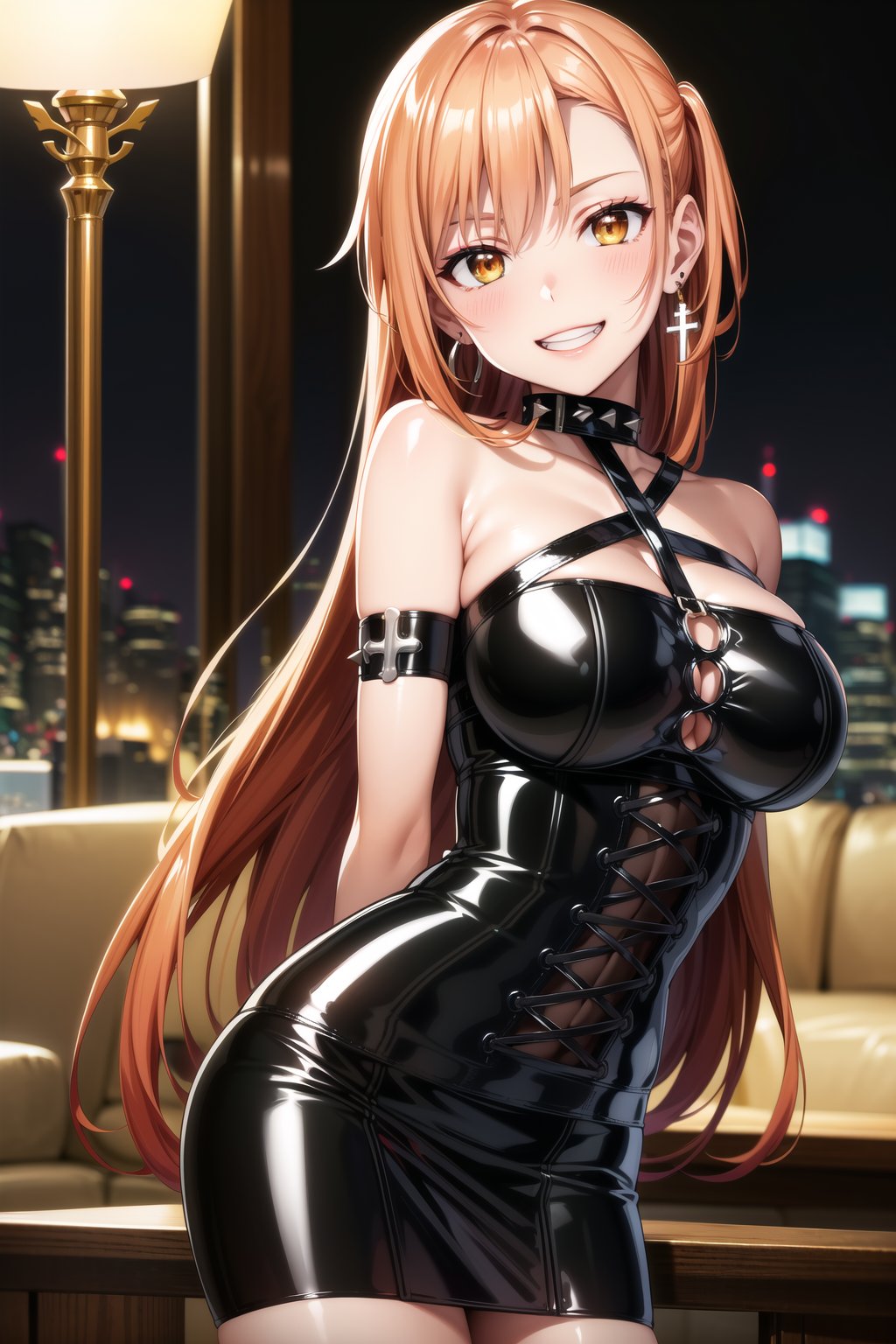 masterpiece,best quality,highres,ultra-detailed, asuna yuuki, long hair,  orange hair, red hair, yellow eyes,(lips:1.2), (cross-laced clothes:1.3), narrow_waist:1.3, dominatrix:1.4 , (intricate short Black dress:1.4), (arms at sides:1.3), ,((smirk, grin, Open mouth, naughty face, seductive smile, smug)), (spiked bracelet), corset:1.4, (black hoop earring:1.3), curvaceous, voluptuous body, (latex:1.5), (black tube top:1.2), black choker, pencil skirt,  miniskirt, (black skirt),  black nails,large breasts:1.3,, (royal room:1.2),standing, StandingAtAttention,b1mb0,night club,lemon0021,,,RockOfSuccubus,asuna yuuki