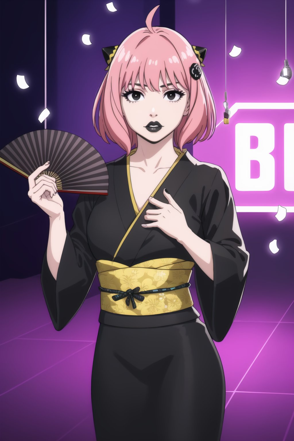 (best quality), (highly detailed), masterpiece, (official art),  ,anya forger:1.3,ahoge, hair ornament,( anya, hair ornament, pink hair, short hair), lips:1.2, black lips:1.4, makeup:1.2, lipstick:1.2,  makeup, black eyes:1.2,black kimono,obi, dance,hand fan,white confetti,, looking at viewer, (/nightclub scene, neon lights)), , club, (nigth club), ,hd quality, perfect face ,realistic, realistic body , perfect face sync,night club,StandingAtAttention,marinette,night club,b1mb0, dancing:1.2,