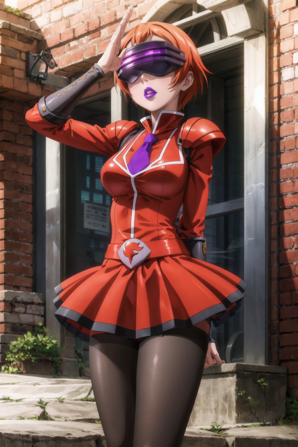(best quality), (highly detailed), masterpiece, (official art),rin hoshizora, orange hair, short hair, , mature_female, 1girl, solo, ((head-mounted display)), ((purple lips:1.2)), (team flare:1.2),  gloves,((armor, juliet_sleeves:1.2)), long_sleeves , pleated skirt,  necktie, red dress, belt, red dress, (pantyhose, red footwear1.2), (lips:1.2), ((arms at sides)),, cowboy shot, looking at viewer, indoors, blurry background,depth of field, best quality, masterpiece, intricate details, tonemapping, sharp focus, hyper detailed, trending on Artstation, salute, 