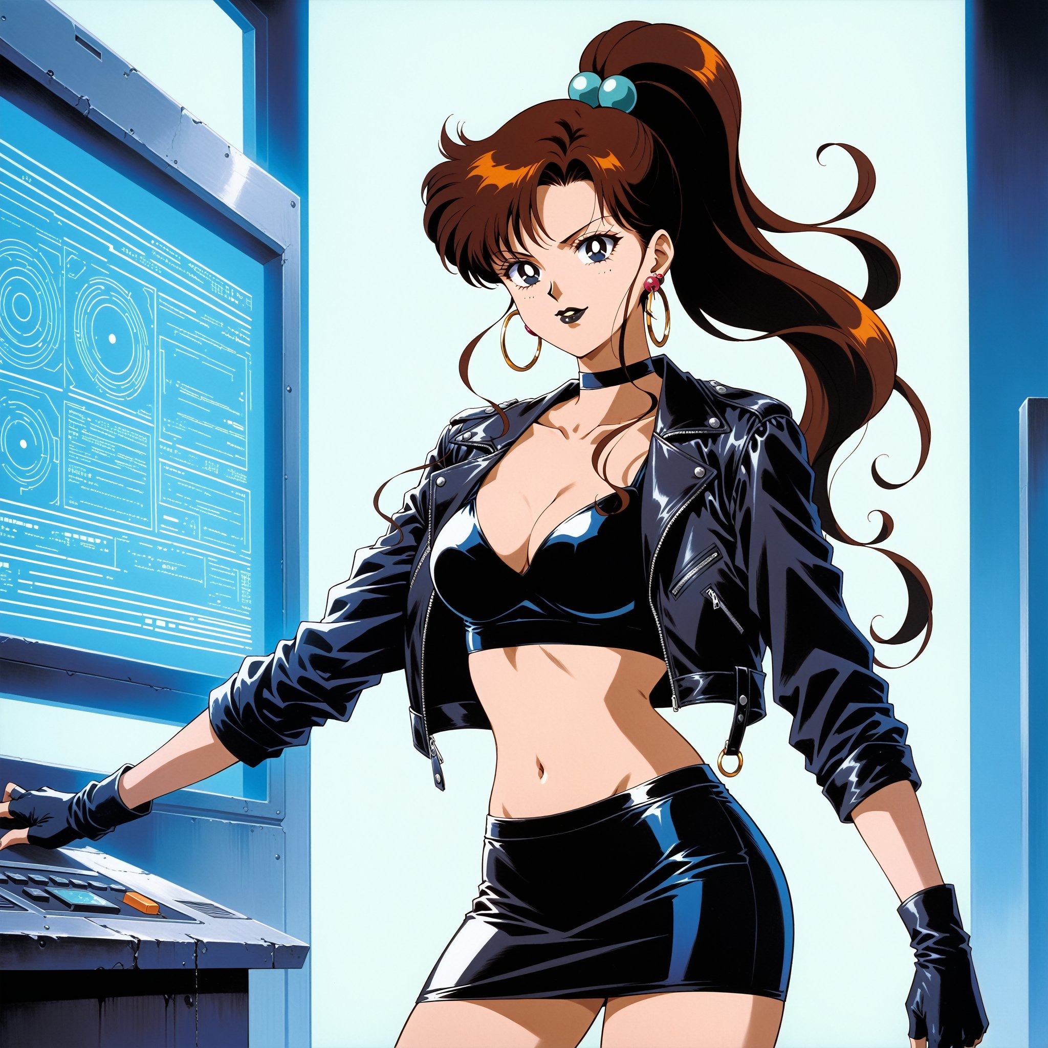 (masterpiece, best quality, very aesthetic, ultra detailed), lips, black lips:1.2, evil smile, evil, villain, corrupted, dark persona,intricate details, 4k, aajupiter, long hair, brown hair, ponytail, hair bobbles,, black gloves, black jacket:1.2, black skirt:1.2, breasts, cleavage, closed mouth, collarbone, cowboy shot, ((black crop top)), hoop earrings, fingerless gloves, gloves, highres, black leather jacket, jewelry, , medium breasts, midriff, miniskirt, navel, pencil skirt, skirt, solo, standing, stomach, striped, striped bow, thigh strap,((retro anime style, detailed retro anime)),  energy ball, energy, magic, hologram,  blue theme, glowing, blurry foreground, leather jacket, neon lights, pyrokinesis, futuristic control room