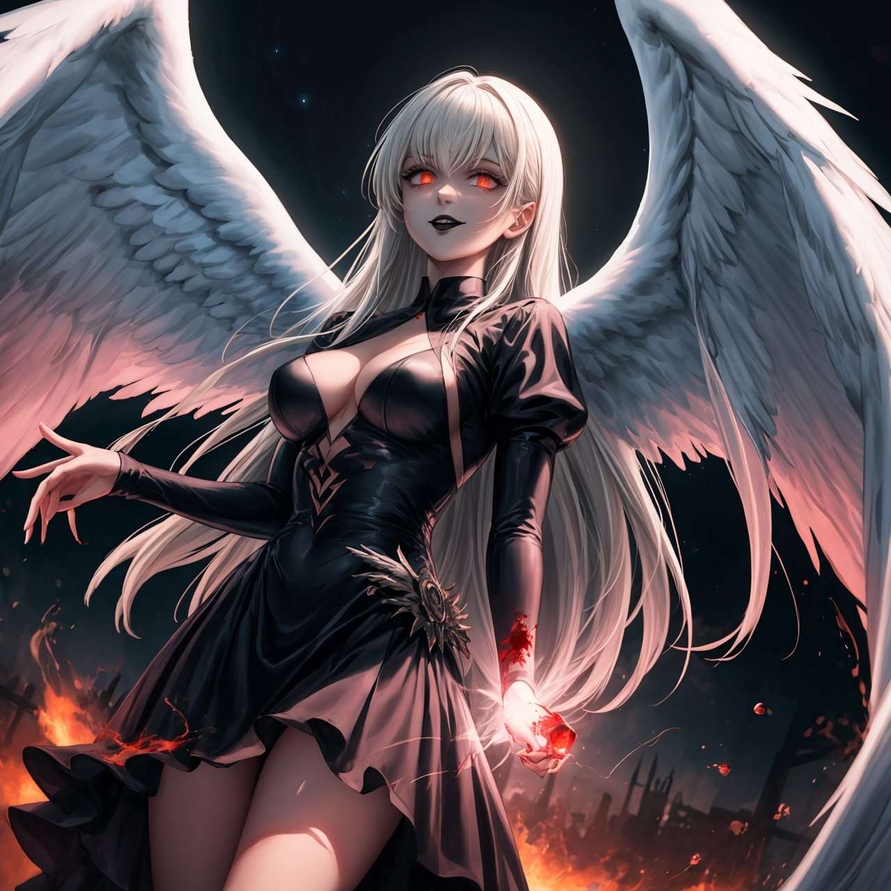 masterpiece, best quality, absurdres, 4k, 8k, uhd create fallen archangel,detailed angel wins, bloodlust, (dutch angle), hell. fire, (black wings),black dress, elizabeth, red glowy eyes, eerie, creepy, nightmarish, very bright colors, light particles, wallpaper art, ((cosmic energy)),high detailed ,evil smile, white hair, ((black lips))