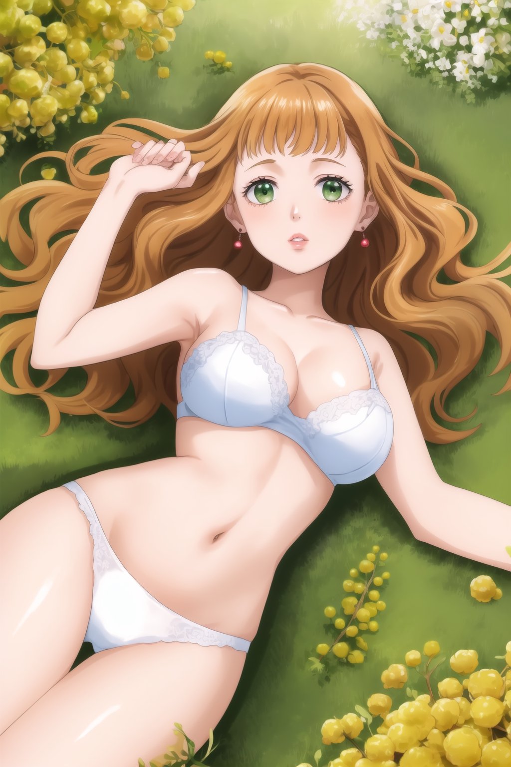 masterpiece, best quality, highres,Sexy, Mimosa Vermillion, dreamy green eyes, earrings, with astounding soft skin and soft pale body, body covered in mimosas flowers, (long brown wavy hair flowing around her until mid-thigs:1.05), sensual look, looking at you, lips, lying on a field of mimosas, fulll body, frontal view, strange fashion Women'sday_theme (Professional illustration)