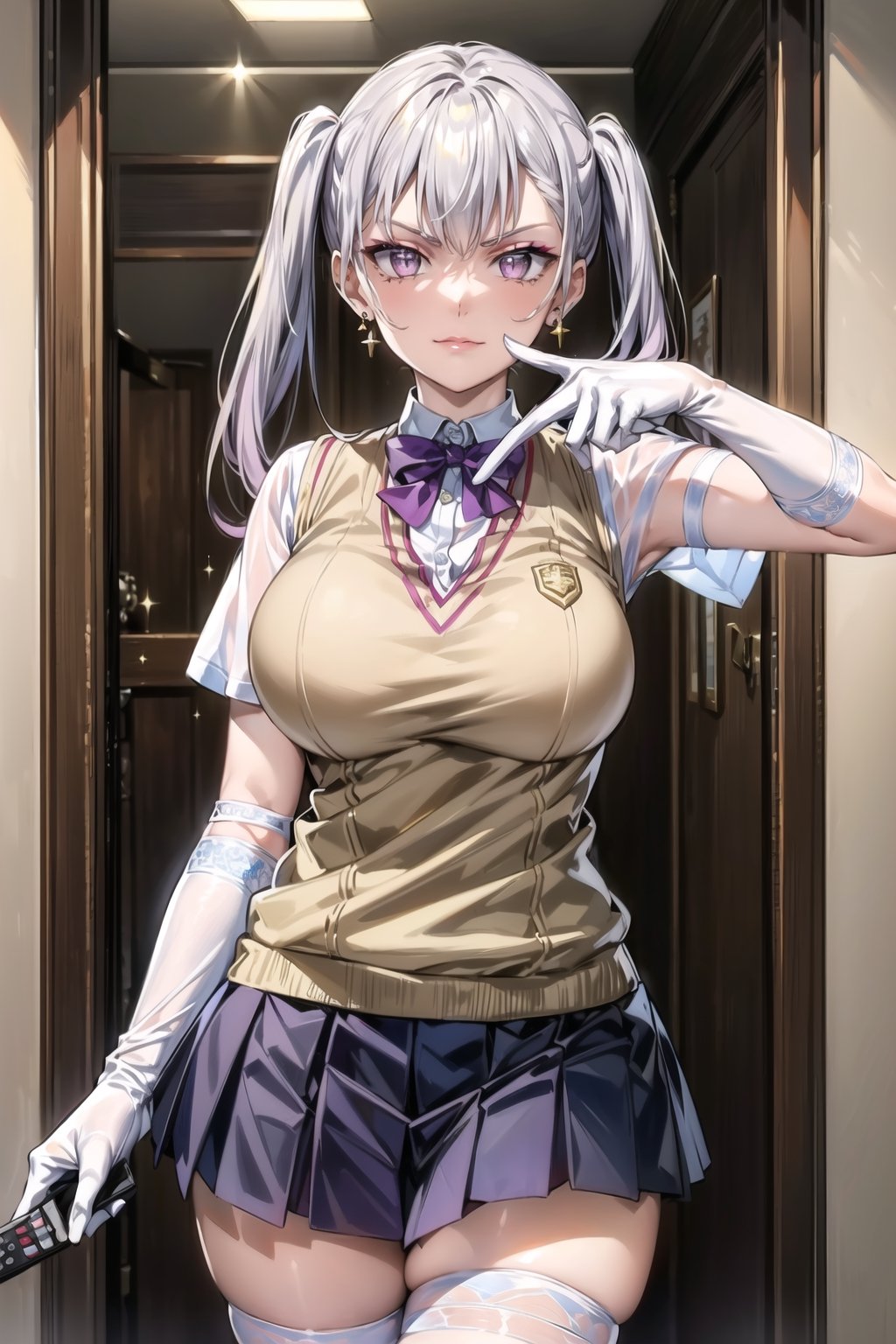 ((best quality)),  ((highly detailed)),  masterpiece,1girl, noelle_silva, silver hair,purple eyes, twintails, bangs, earrings, jewelry, ((remote_control, aiming_at_viewer, closed_mouth, sparkling_eyes, smug, shaded_face)),(large breasts), tokiwadai school uniform, sweater vest, short sleeves, (](white gloves, elbow gloves)), pleated skirt, white thighhighs ,1girl, lips:1.2, makeup:1.2, ((gyaru)) , looking at viewer, standing, cowboy shot, school, 