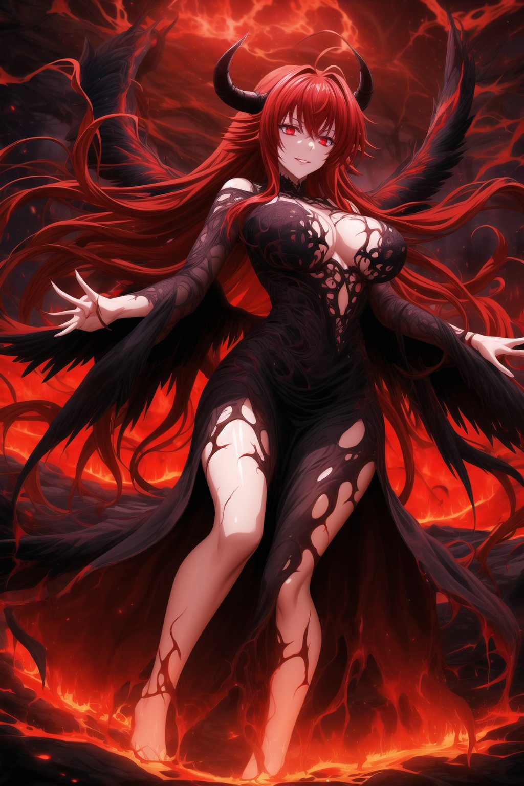 A masterpiece of dark fantasy: Rias Gremory, malevolent demon, lips curled into an evil smile, long flowing red hair cascading down her back like a fiery waterfall. Her delicate ahoge and intricate black gown billow softly as she floats amidst hell's fiery depths. Black wings spread wide behind her, emitting a darkness-infused light that adds to her ominous presence. Red eyes gleam with malevolent intent as she stands poised, arms outstretched in a violent welcome. Softly glowing fire illuminates her figure, while rays of dark light pierce the heavens above, casting an eerie glow on Rias' demonic form. The hellish landscape before her is bathed in red hues, as if infernal flames are breaking through to create this haunting atmosphere.