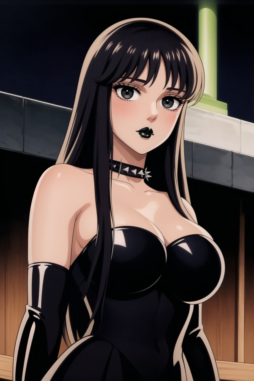 ((best quality)),  ((highly detailed)),  masterpiece,  ((official art)),(Saori Kido, Saori, long hair, black hair:1.3),((black eyes, empty eyes,expressionless,hypnosis)),(((white skin))) ,((makeup,lipstick, black lips:1.2)),absurdres, (spiked collar:1.2),  coyboy shot:1.3, thighhighs, lips,  blush,  (black latex:1.3),  black dress:1.2,  miniskirt  ((bodyconf)),  bare shoulders,  (( strapless)),  large breast,  looking at viewer,  street,  city,  nigth,  moon,  club,  (nigth club),  , hd quality,  perfect face , realistic,  realistic body,  perfect face sync,  , b1mb0,,,black lips,Saori Kido,