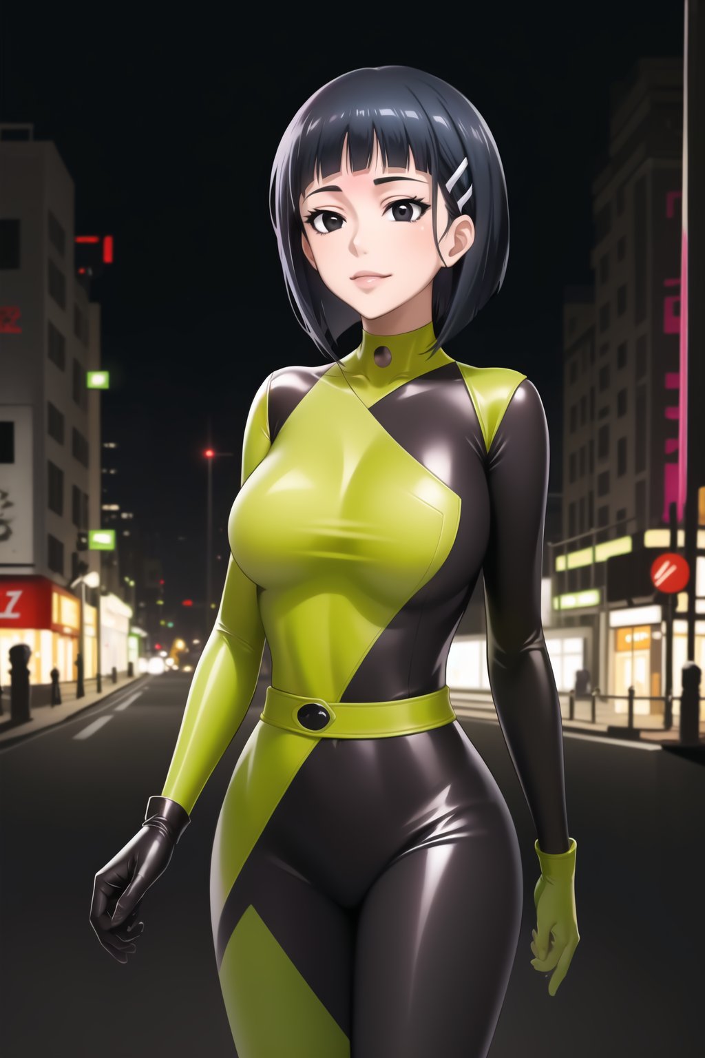 ((best quality)),  masterpiece, dynamic angle, (microchip), suguha, Bob cut, short hair, black hair, hair clip, black eyes, cyberpunk, paris, ruin,night ,(shegosuit) , (expressionless:1.2), smile, lips, scenery,  blurry background, 1 girl,  high res,  official art,empty eyes