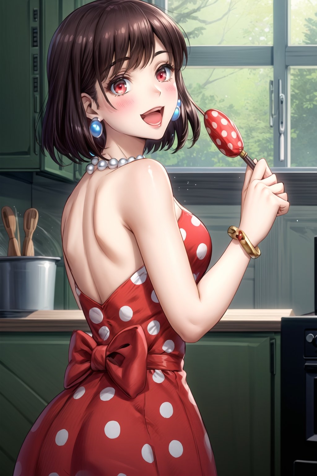 ((best quality)),  ((highly detailed)),  masterpiece,1girl, 1girl,  seductive smile, solo,   (Stepford),lips, makeup, lipstick,red lips, (pose),(polka dot:1.4), (polka dot dress:1.4),(pearl necklace:1.2), pearl bracelet, bare shoulders,(red dress:1.2),aroused, blush ,standing,  (large pearl necklace), (hoop earrings:1.2), looking at viewer, standing, cowboy shot, fingernails, kitchen, cooking, indoors, house, windows, cortain, food ,RaeTaylor,red eyes, short hair, brown hair, :D ass, ass focus, looking back,