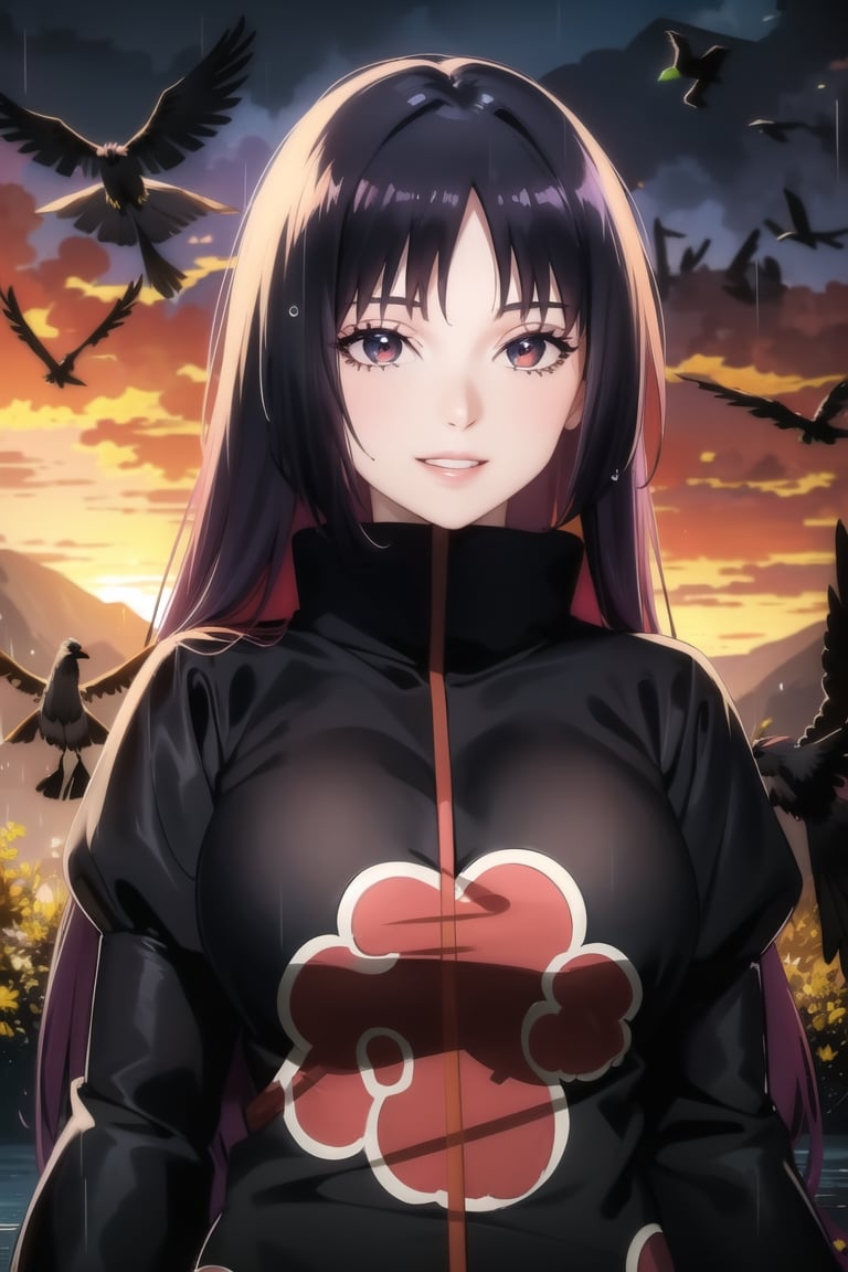 anime, hdr, soft light, ((best quality)), ((masterpiece)), (detailed),  sumire kakei, long hair, purple hair, puple eyes, makeup, head tilt, smile, (lips), (akatsuki outfit:1.1), (puffy_sleeves:1.2), ((juliet_sleeves)),large breast, high neck, high_collar, black dress, long sleeves, looking at viewer, village, (((crows))),sunset, rain, water drop, cloud, nature, ,akatsuki outfit, bird, crow, eagle, black feathers, bird on shoulder, sunset, orange sky, outdoors, fantasy00d,