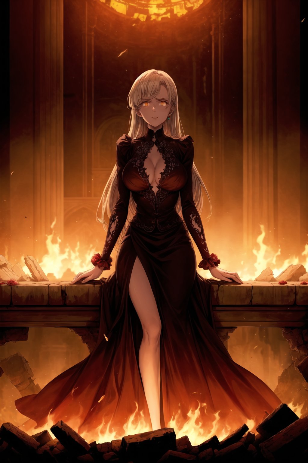 Anime illustration of Elizabeth, transformed into the corrupted ruler of Hell, sitting on a luxurious golden throne on a grand balcony. Her long hair flows from a gradient of white to black, symbolizing her descent into darkness, and her once green eyes now glow with a menacing red hue. She wears an elaborate black and red gown adorned with sinister symbols and glowing red accents, reflecting her dominance and cruelty.

Elizabeth's expression is cold and devoid of emotion as she holds a delicate porcelain teacup with her right hand, her left finger placed on her lips in a gesture of silence. Her gaze is fixed on the scene before her, a hellish landscape of a city engulfed in flames. Tall buildings and ancient architecture are crumbling and burning, casting an orange and red glow across the sky, creating a dramatic and chaotic atmosphere.

The balcony is decorated with large vases overflowing with vibrant red roses, some petals gently falling in the foreground, adding a touch of morbid beauty to the scene. The setting sun enhances the fiery ambiance, casting long shadows and illuminating the destruction.

On the table beside her, there are various elegant tea sets and a candlestick with lit candles, adding a warm light to the dark setting. Rivers of lava flow through the city, jagged rocks protrude from the ground, and tormented souls can be seen in the distance. Dark clouds swirl above with lightning illuminating the oppressive atmosphere of her dominion.

Details:

Elizabeth's gown has intricate gold embroidery and shoulder epaulets, signifying her regal yet malevolent status.
Her throne is adorned with dark, gothic designs and glowing red gems.
The flames and lava cast a flickering light on her cold, emotionless face, emphasizing her transformation.
The roses on the balcony are vibrant, yet some are wilted, symbolizing corruption and decay.
The background shows a mix of ruined ancient architecture and modern buildings, enhancing the sense of chaos and destruction.
The lighting highlights the contrast between the opulence of Elizabeth's appearance and the devastation of the landscape.