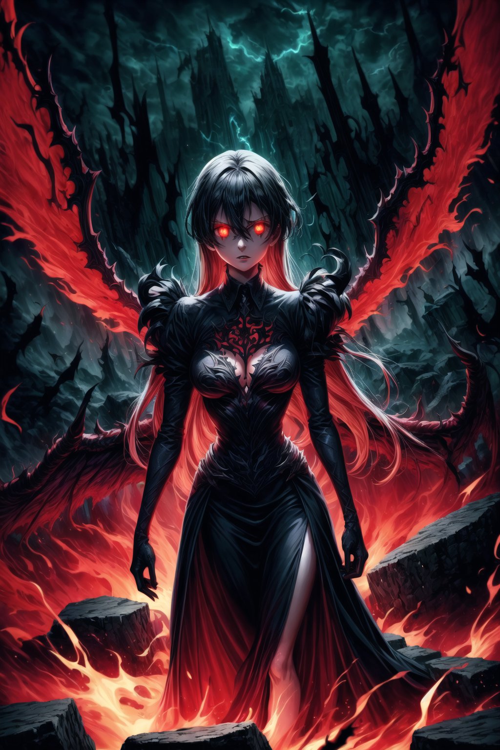 Elizabeth, black hair, lips, ruler of hell, black wings,darkness wings,wings,demon wings,stands as a malevolent dictator, her long hair flowing like darkness itself, gradient from white to dark, framing her cold gaze. Her elaborate gown, adorned with sinister symbols and glowing red accents, reflects her dominance and cruelty. The background features a hellish landscape: rivers of lava, jagged rocks, tormented souls, and dark clouds with lightning. Eerie, red and black glows illuminate the scene, capturing the dark and oppressive atmosphere of her dominion.