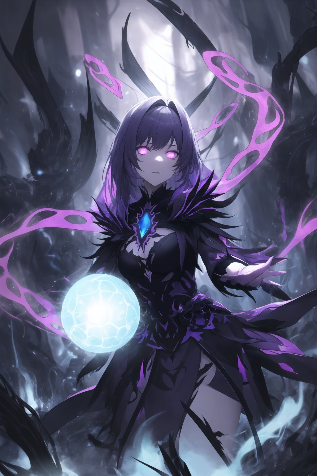 "Dark Sorceress noelle_silva Forbidden Power", noelle_silva, bangs, long silver hair, now twisted by dark magic, stands menacingly in her corrupted form. Her once-vibrant violet mage attire has transformed into a shadowy, tattered robe, pulsating with forbidden runes and dark flames. Her eyes glow with an ominous purple hue, and her expression is one of cruel dominance. In one hand, she clutches a cursed, blackened grimoire with glowing violet symbols that pulse with dark energy. Her other hand conjures an ominous ball of dark magic, swirling with shadowy tendrils and streaks of purple lightning.
The background is a dark, shattered void, filled with jagged cracks that leak sinister energy. Magic circles of forbidden glyphs spin around her, their deep purples and blacks contrasting against the darkened backdrop. Glistening, arcane chains twist and writhe in the air, like serpents of shadow, while forbidden runes and sigils shimmer in the darkness. Faint whispers of tortured souls emanate from the chaotic magical storm surrounding her. Streaks of corrupted purple flames and black smoke rise from the ground, engulfing the entire scene in a sense of forbidden power. Sharp, electric effects and glowing dark orbs hover in the air, as noelle_silva channels the full force of her dark sorcery. The entire image glows with an eerie, shadowy light, casting deep, high-contrast shadows, and creating a menacing, oppressive atmosphere.,