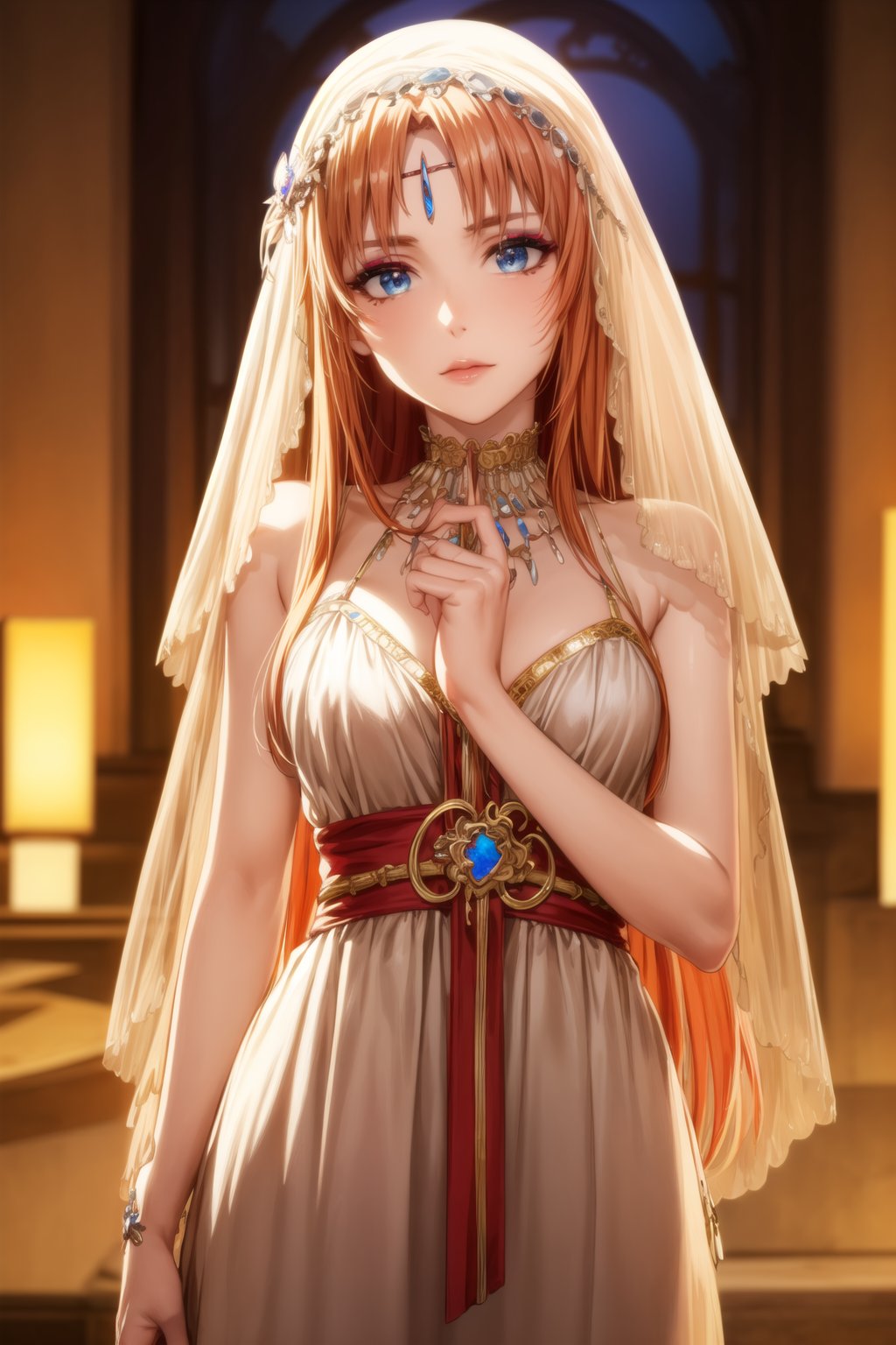 ((best quality)), ((highly detailed)), masterpiece, ((official art)), detailed face, beautiful face, (detailed eyes, deep eyes), seductive posing, (cowboy shot),asuna yuuki, long hair, brown hair, orange hair, red hair, empty eyes:1.2, v3il, face veil, (forehead jewel opal), crystal head veil, (cowboy shot), eyeliner, eyeshadow, makeup, ,ethereal nightgown, (sash), (cowboy shot), grand hall, . shallow depth of field, vignette, highly detailed, high budget, bokeh, cinemascope, moody, epic, gorgeous, film grain, grainy,jyojifuku,asuna yuuki, veil, see-through