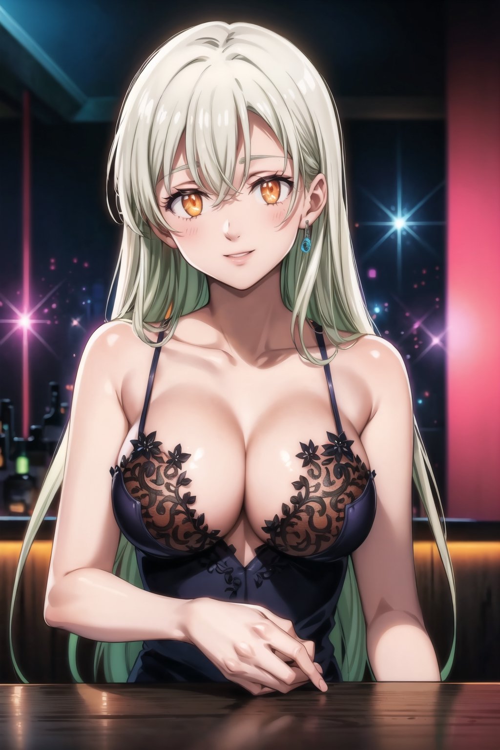 ((best quality)),  ((highly detailed)),  masterpiece,  ((official art)),  ,elizabeth, long hair,white hair, long hair, (provocative look:1.2), provocative smile, naughty, (/nightclub scene, neon lights)),  best quality,  intricately detailed,  hyperdetailed,  blurry background, depth of field,  best quality,  masterpiece,  intricate details,  tonemapping,  sharp focus,  hyper detailed,  trending on Artstation, 1 girl,  high res,  official art