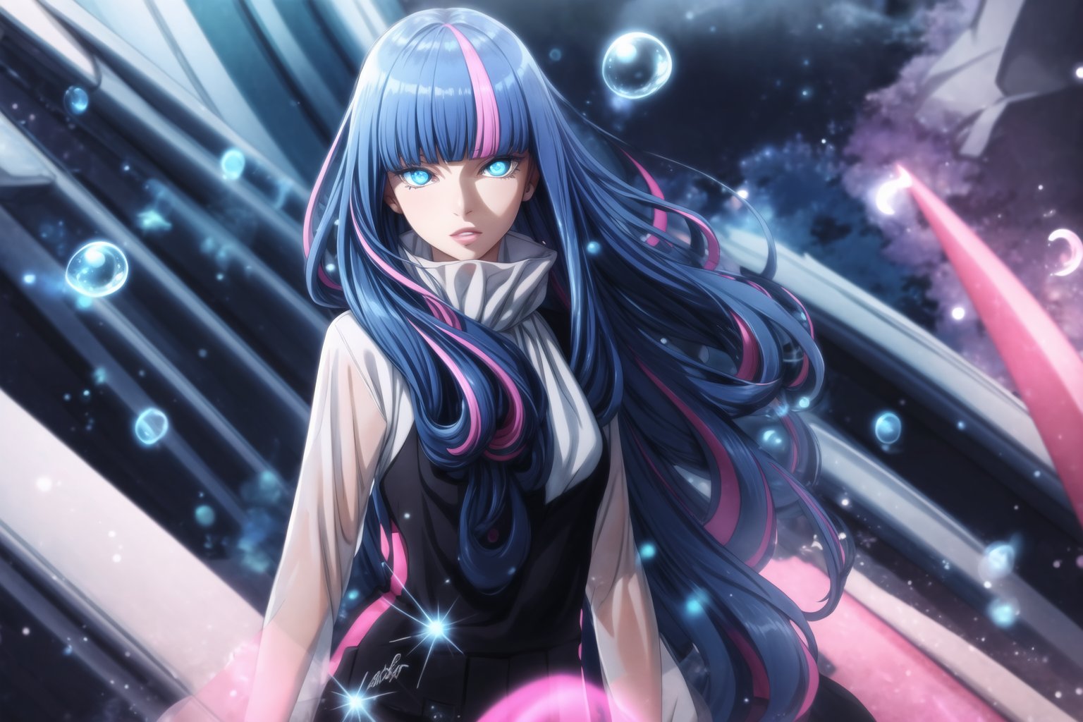 GFX, 1girl, solo, standing, artist name, signature, blurry, no humans, glowing, scenery, light particles, bubble, dark, purple theme,eida,long hair,blue hair,pink hair,multicolored hair,blue eyes,lips,two-tone hair,bangs,blunt bangs, long hair