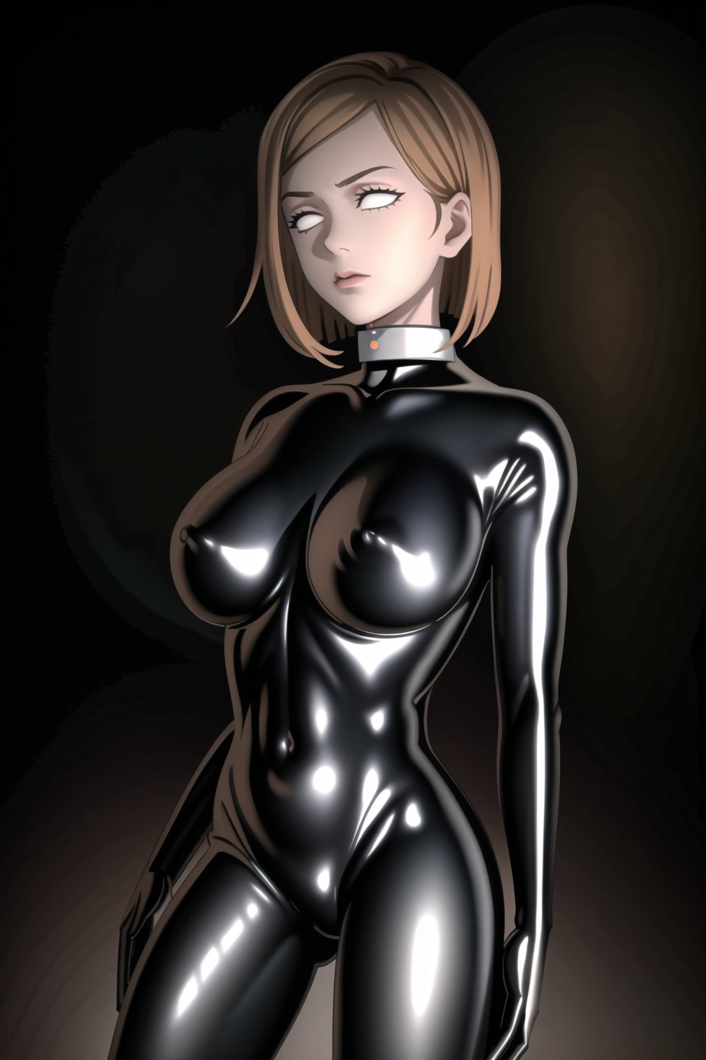 (best quality), (highly detailed), masterpiece, (official art), makeup, , nobara kugisaki, orange hair, brown hair,closed mouth,(graybot:1.2), black bodysuit, (shiny body:1.2), (shiny clothes),latex bodysuit, large breast, looking at viewer,  ,graybot,(whiteeyes),((black background, simple background)),StandingAtAttention,,<lora:659111690174031528:1.0>