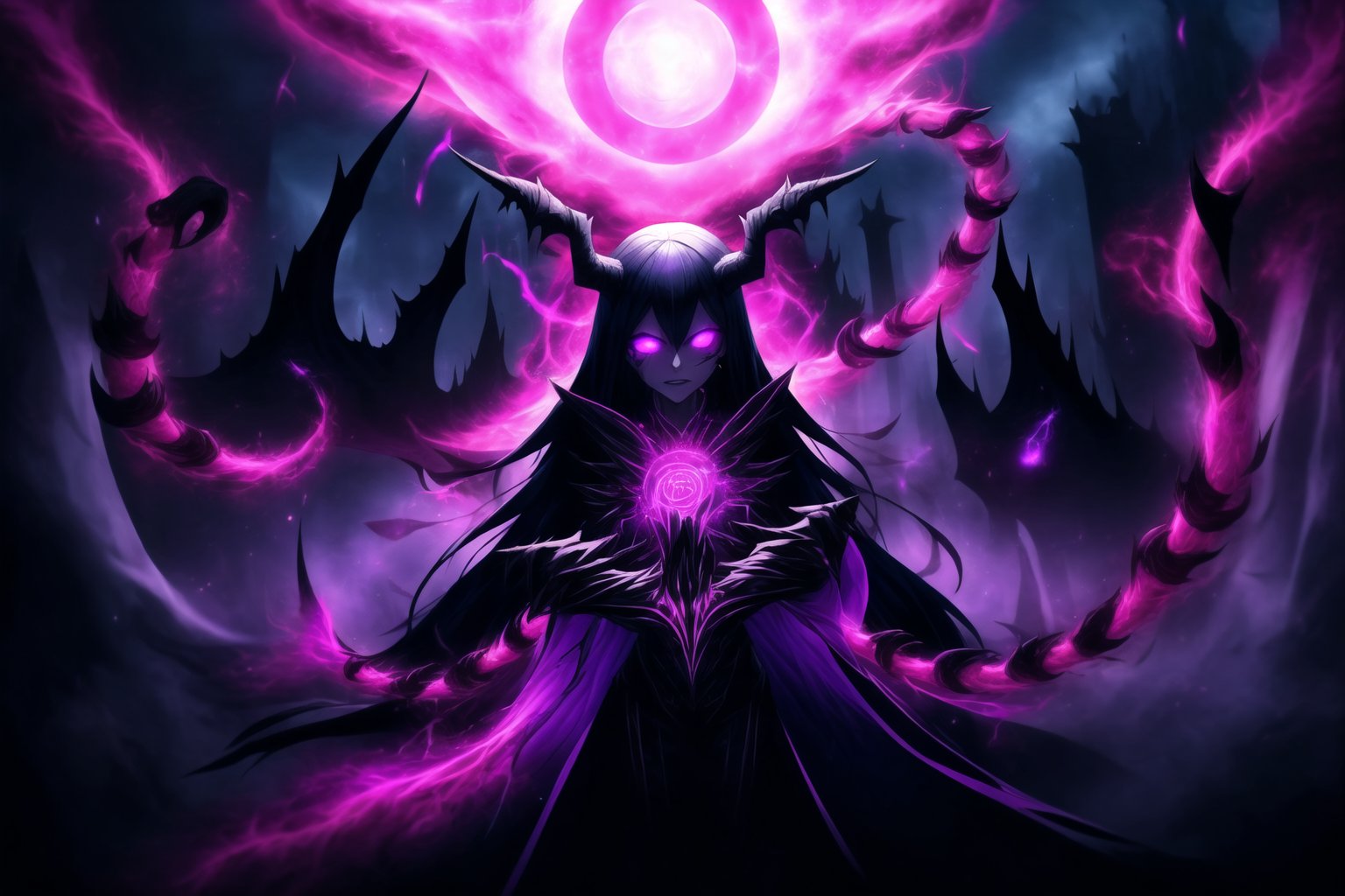 "Dark Sorceress Gwendolyn's Forbidden Power":
gwentennyson, long red hair, now twisted by dark magic, stands menacingly in her corrupted form. Her once-vibrant violet mage attire has transformed into a shadowy, tattered robe, pulsating with forbidden runes and dark flames. Her eyes glow with an ominous purple hue, and her expression is one of cruel dominance. In one hand, she clutches a cursed, blackened grimoire with glowing violet symbols that pulse with dark energy. Her other hand conjures an ominous ball of dark magic, swirling with shadowy tendrils and streaks of purple lightning.
The background is a dark, shattered void, filled with jagged cracks that leak sinister energy. Magic circles of forbidden glyphs spin around her, their deep purples and blacks contrasting against the darkened backdrop. Glistening, arcane chains twist and writhe in the air, like serpents of shadow, while forbidden runes and sigils shimmer in the darkness. Faint whispers of tortured souls emanate from the chaotic magical storm surrounding her. Streaks of corrupted purple flames and black smoke rise from the ground, engulfing the entire scene in a sense of forbidden power. Sharp, electric effects and glowing dark orbs hover in the air, as Gwendolyn channels the full force of her dark sorcery. The entire image glows with an eerie, shadowy light, casting deep, high-contrast shadows, and creating a menacing, oppressive atmosphere.,