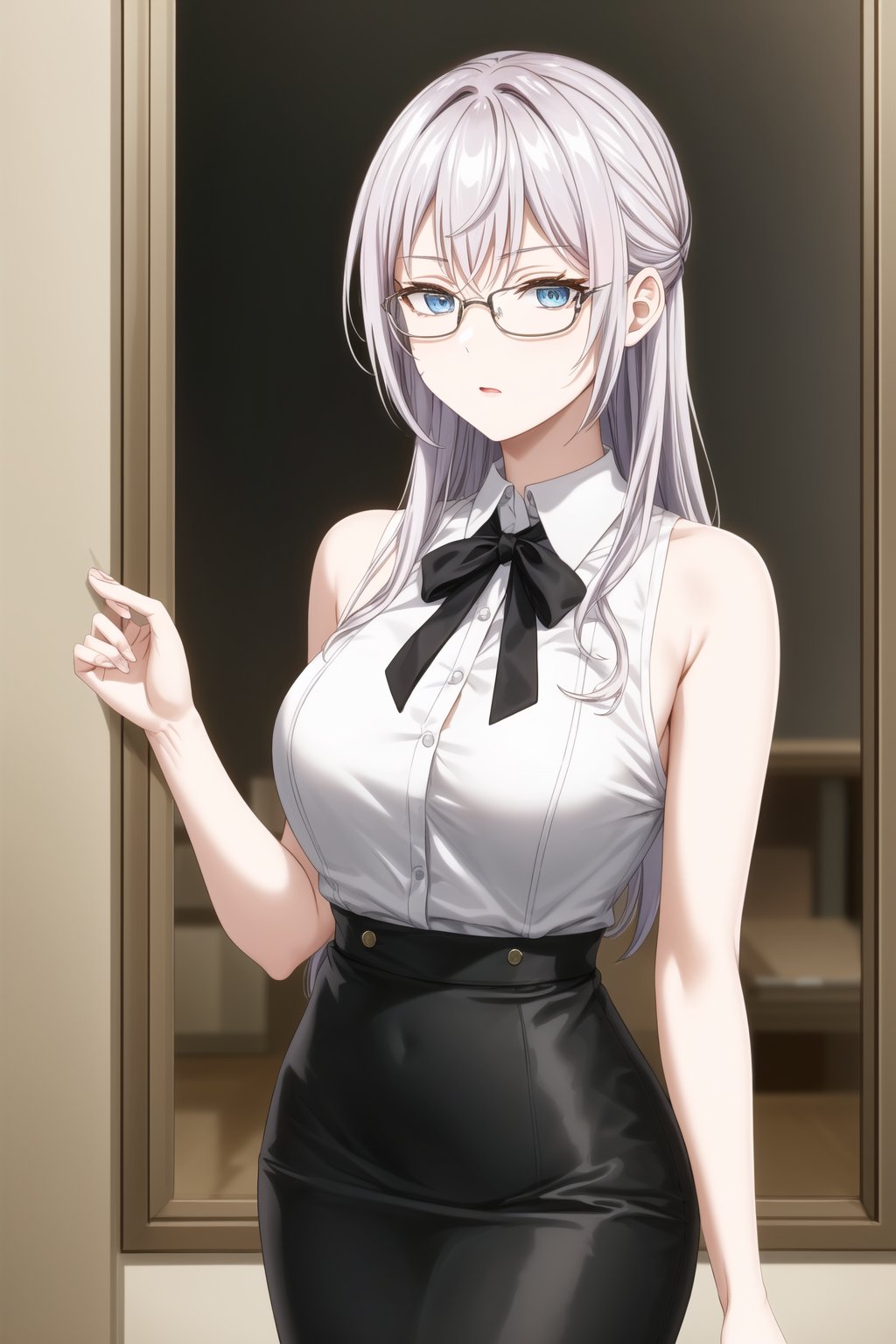 Here's a coherent SD prompt based on your input:

A close-up shot of Alya, grey hair framing her face as blue eyes gaze directly into the camera lens. She is wearing an elegant and professional outfit. She is wearing a sleeveless, high-necked blouse, all black, which is stylishly fitted to her figure. She is paired with a high-waisted pencil skirt with a black and white geometric pattern, which gives her a modern and sophisticated touch. She is also wearing dark-framed glasses that complement her office look. Her hair is up.